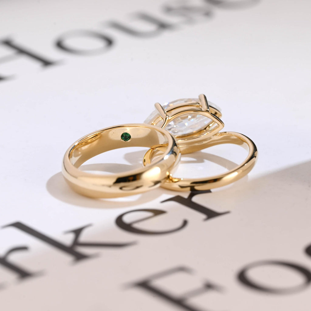 Solid Gold East-West Marquise Cut Moissanite Wedding Band Set, Bridal Set