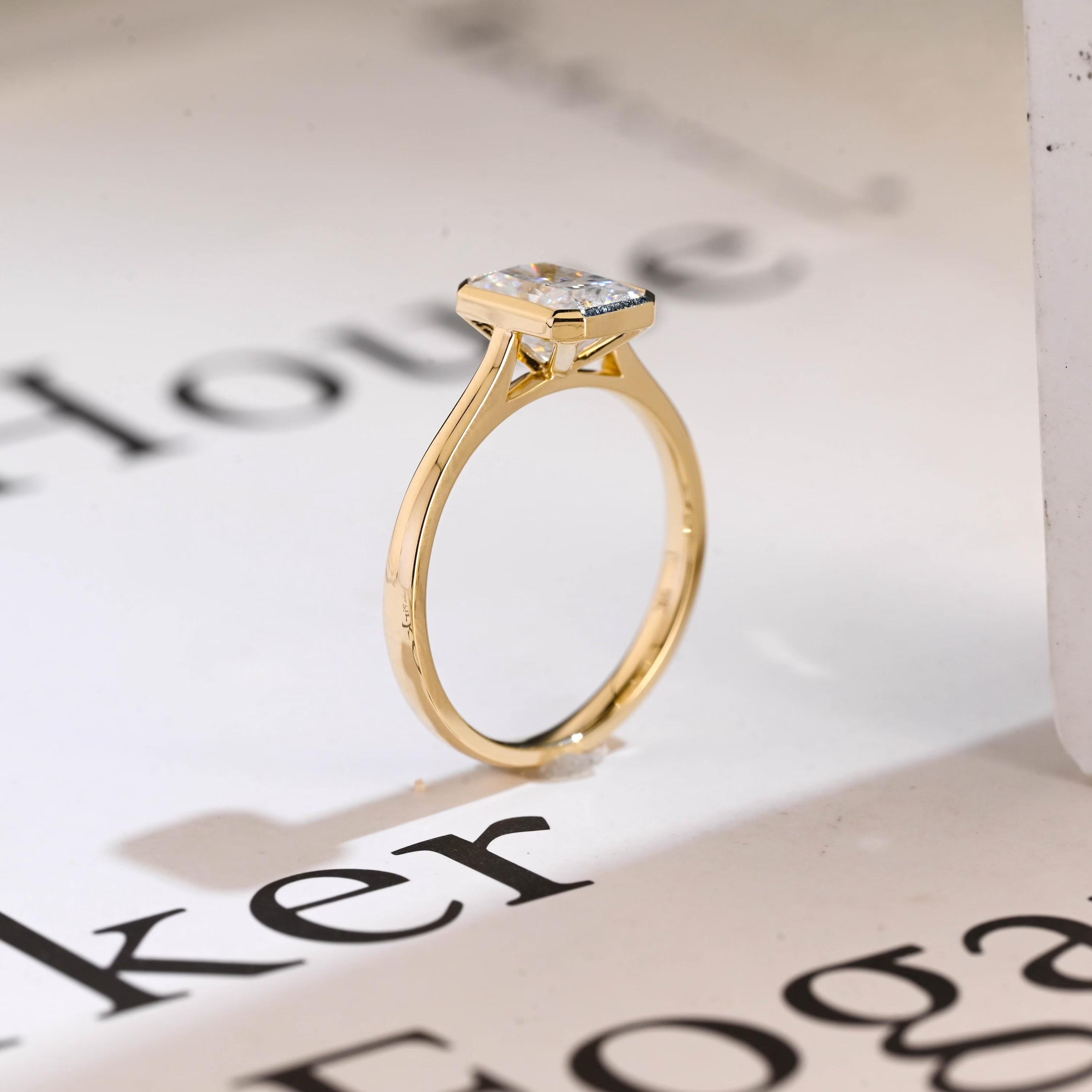 Solid Gold Radiant Cut Moissanite Engagement Ring, Graduated Band Ring