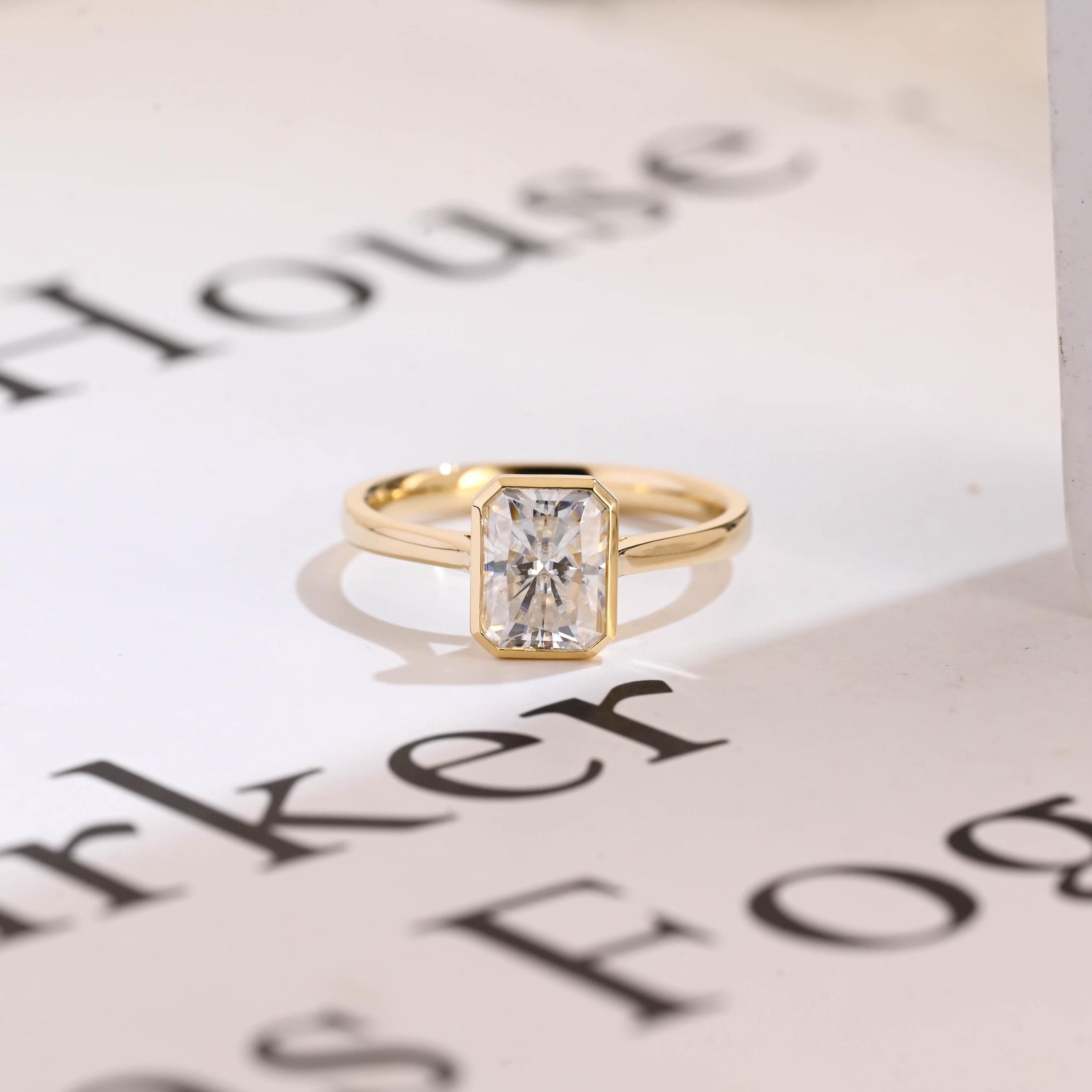 Solid Gold Radiant Cut Moissanite Engagement Ring, Graduated Band Ring Main image
