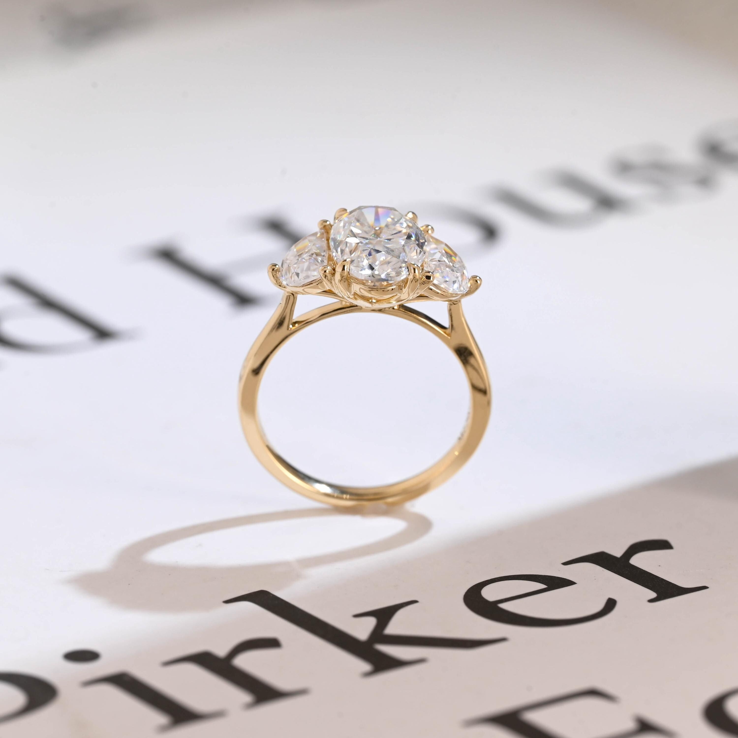 Solid Gold Oval Moissanite Engagement Ring with Half-moon Side Stones