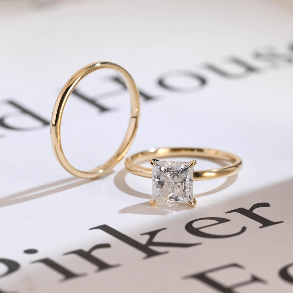 Solid Gold Princess Cut Moissanite Engagement Ring and Wedding Ring Set, Anniversary Gift for Her
