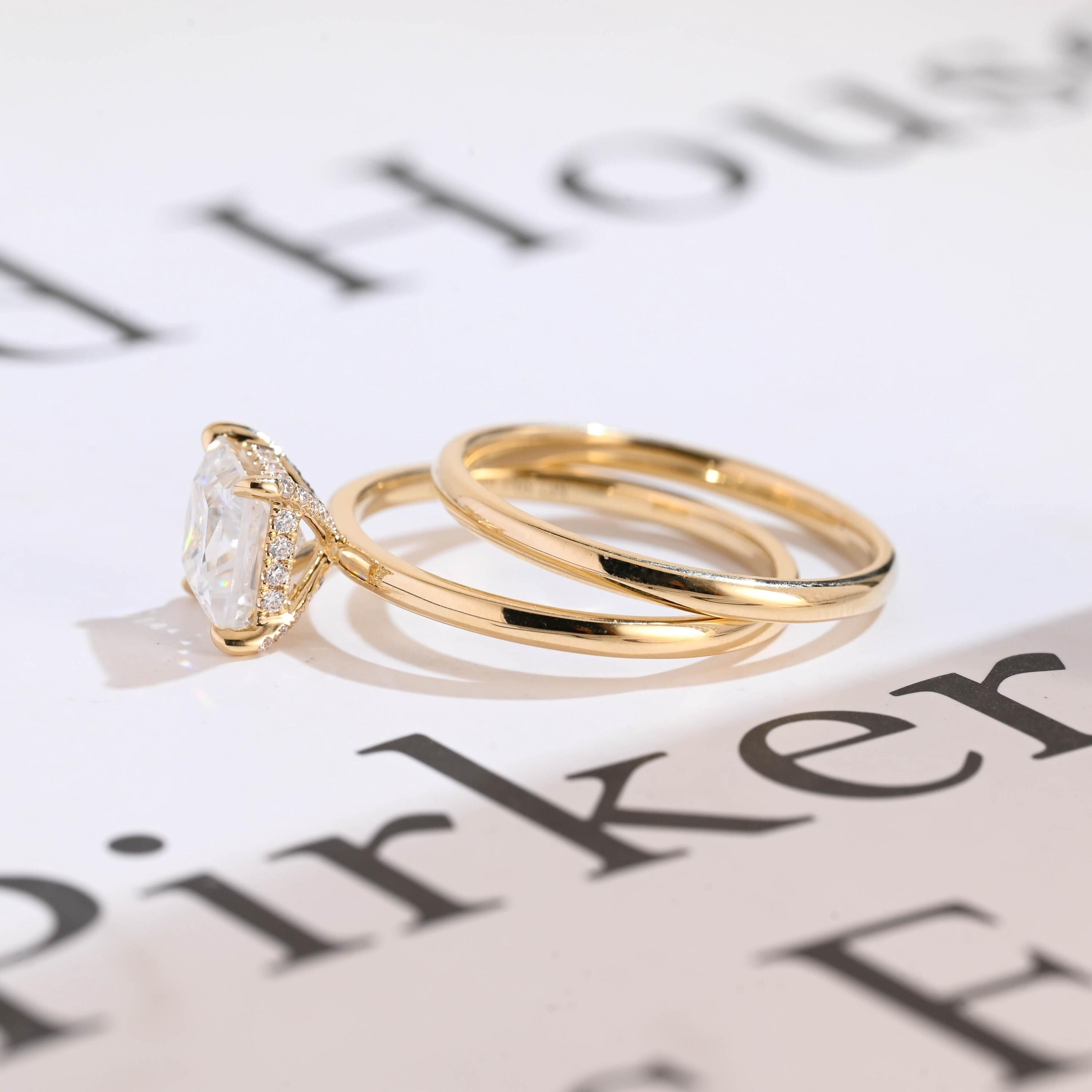 Solid Gold Princess Cut Moissanite Engagement Ring and Wedding Ring Set, Anniversary Gift for Her