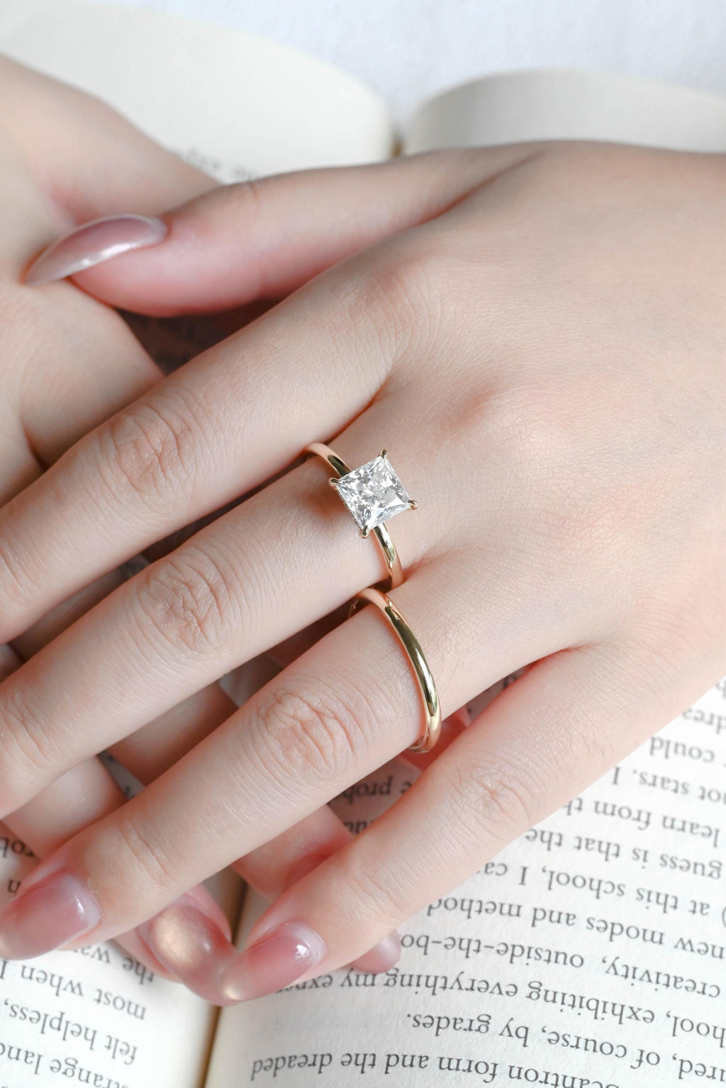 Solid Gold Princess Cut Moissanite Engagement Ring and Wedding Ring Set, Anniversary Gift for Her