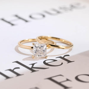 Solid Gold Princess Cut Moissanite Engagement Ring and Wedding Ring Set, Anniversary Gift for Her