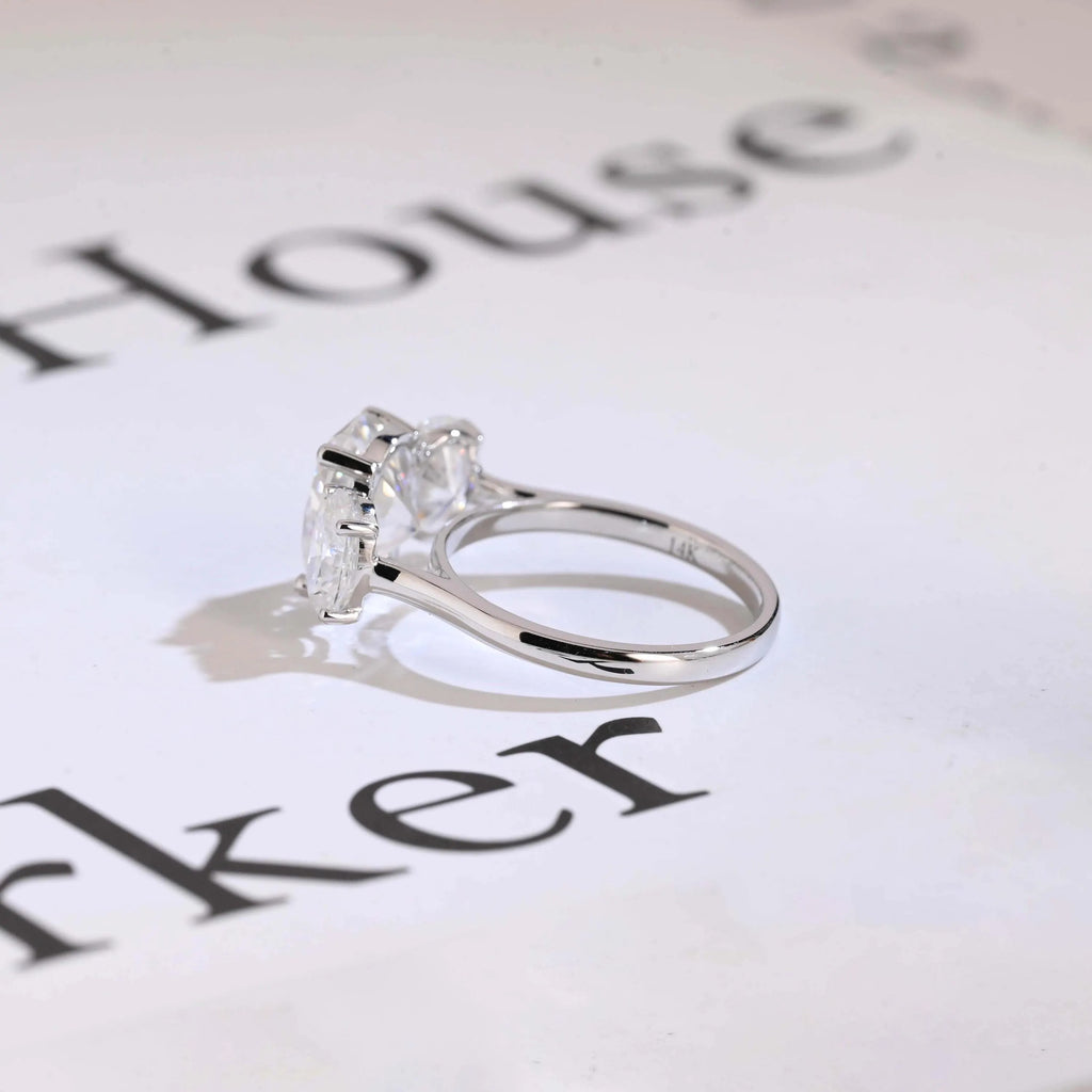 Solid Gold Oval Cut Moissanite Engagement Ring, Three Stone Ring