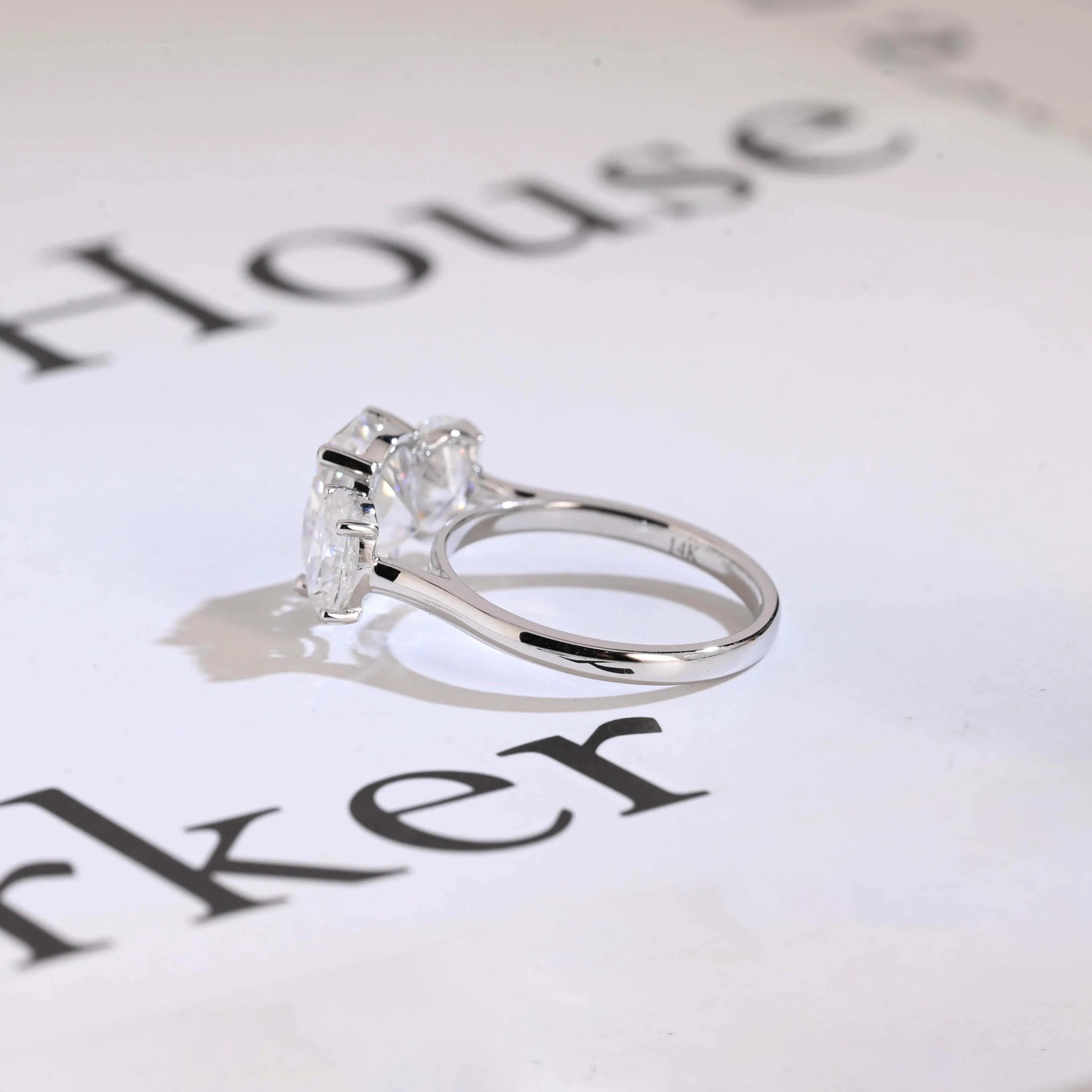 Solid Gold Oval Cut Moissanite Engagement Ring, Three Stone Ring