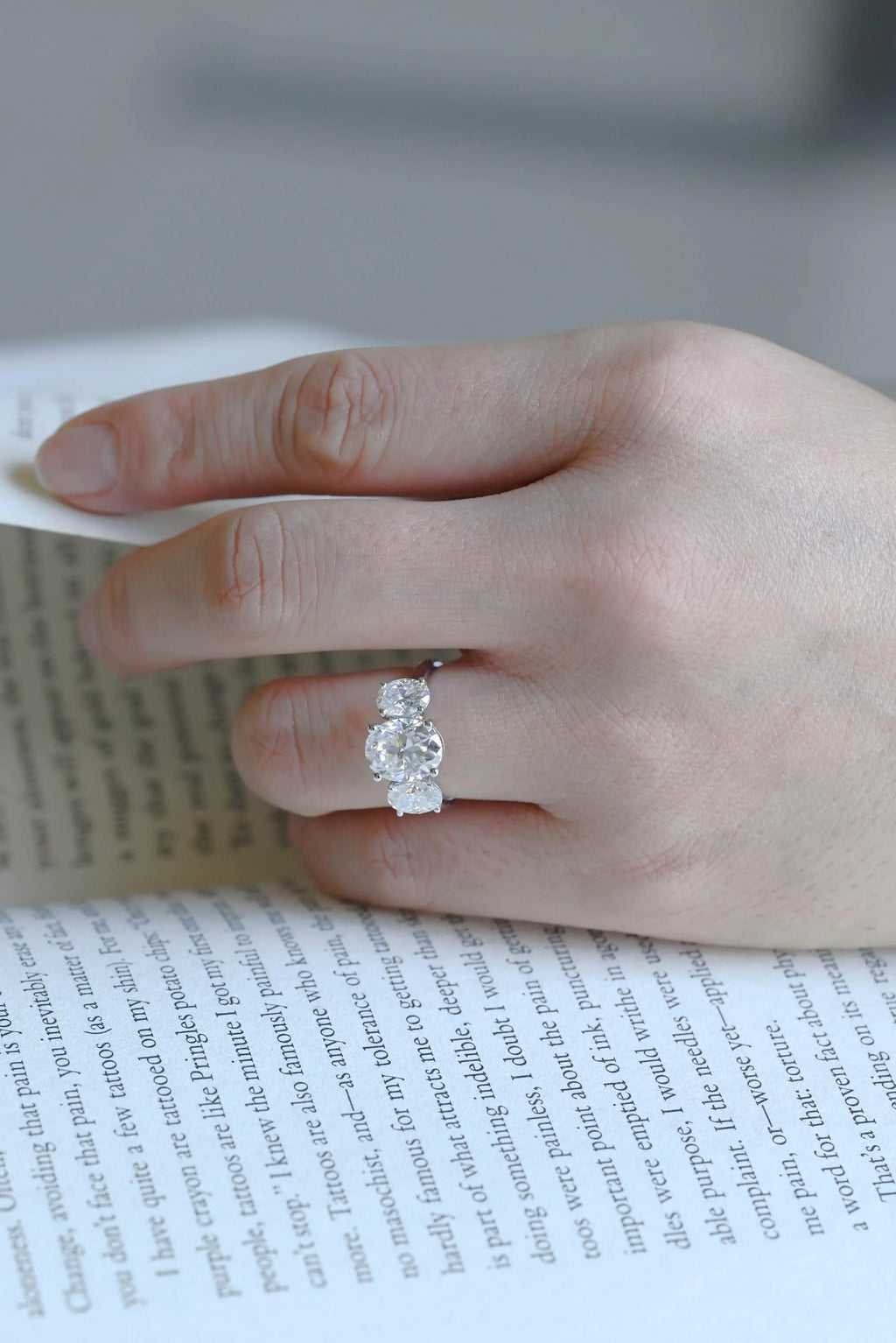 Solid Gold Oval Cut Moissanite Engagement Ring, Three Stone Ring