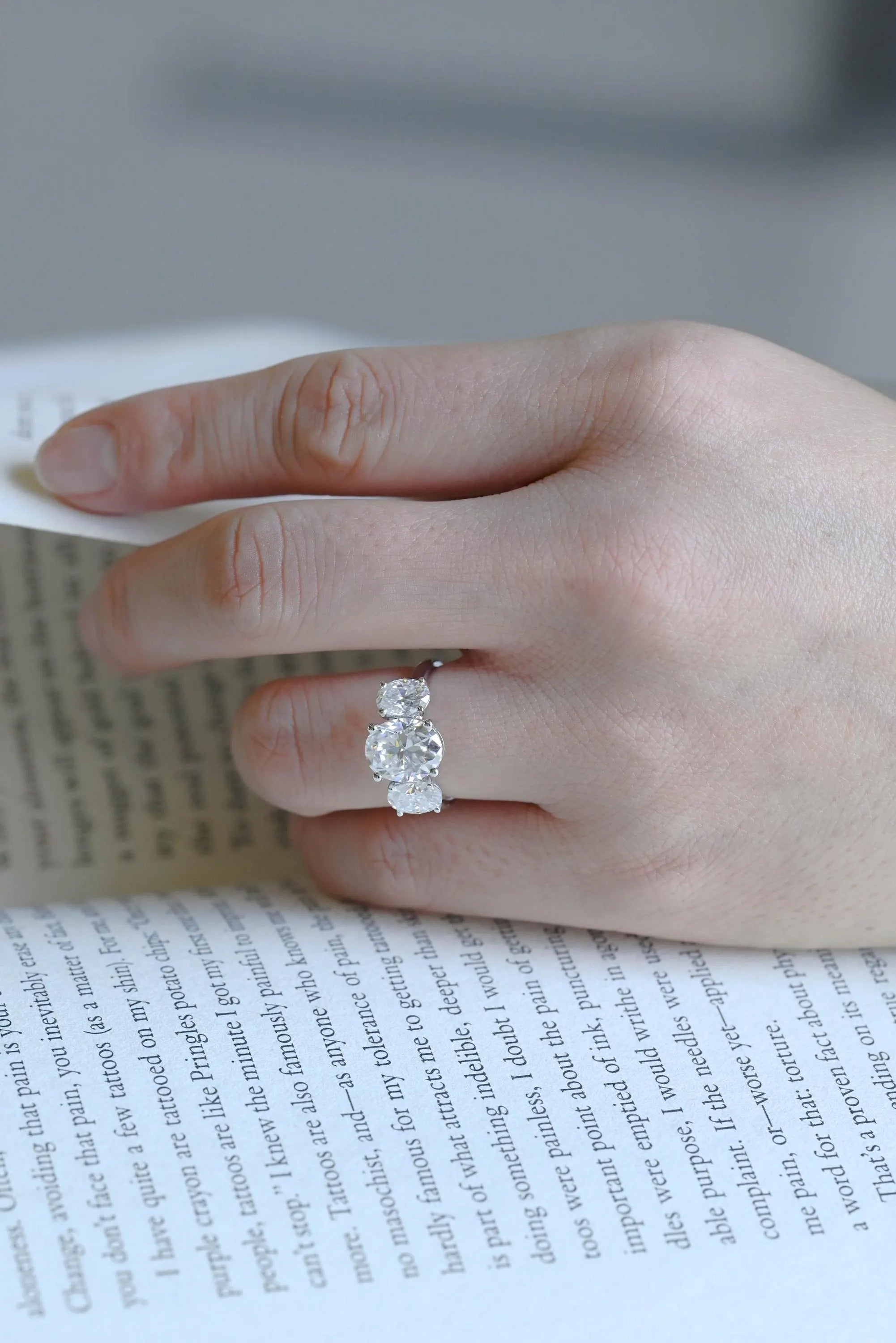 Solid Gold Oval Cut Moissanite Engagement Ring, Three Stone Ring