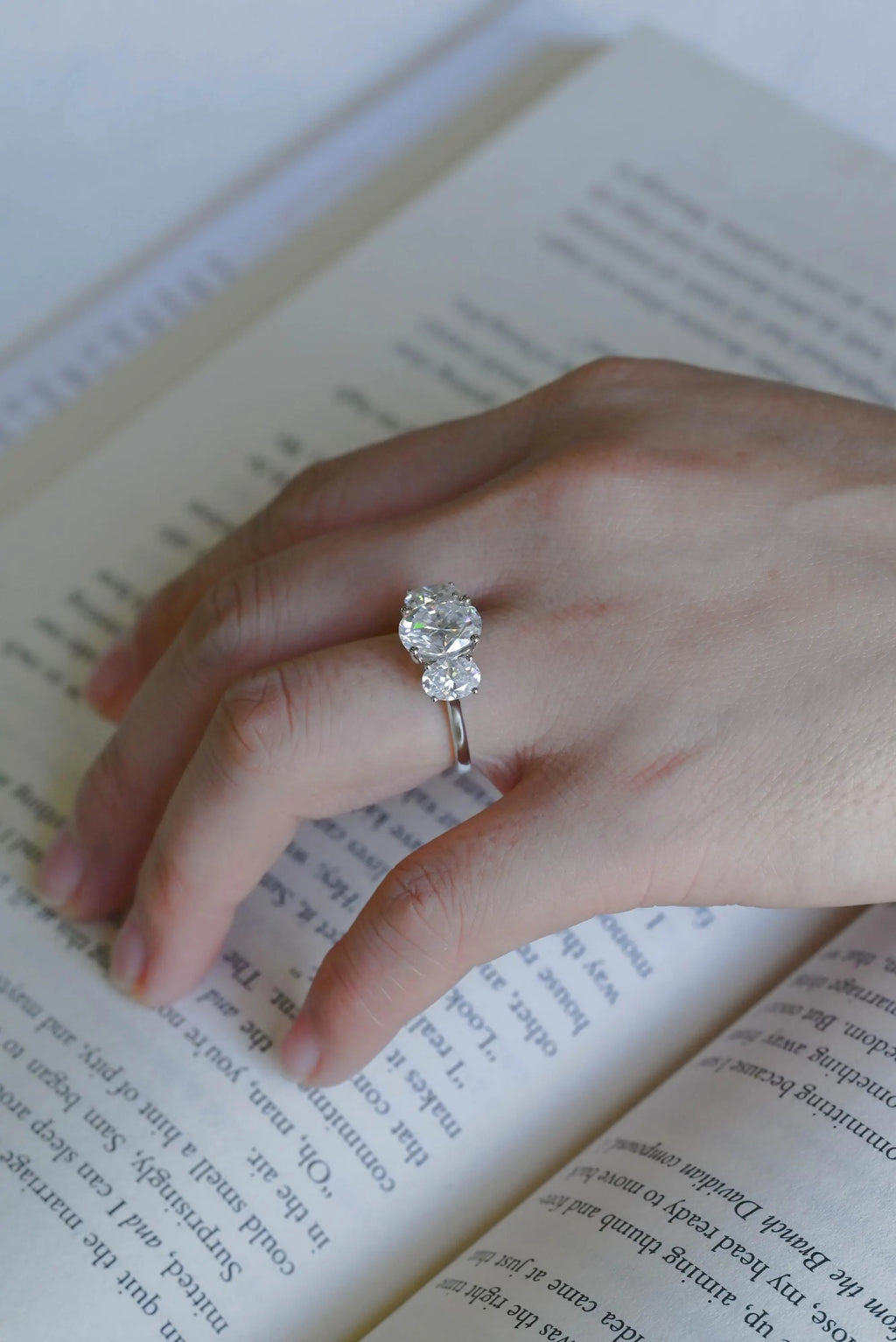 Solid Gold Oval Cut Moissanite Engagement Ring, Three Stone Ring