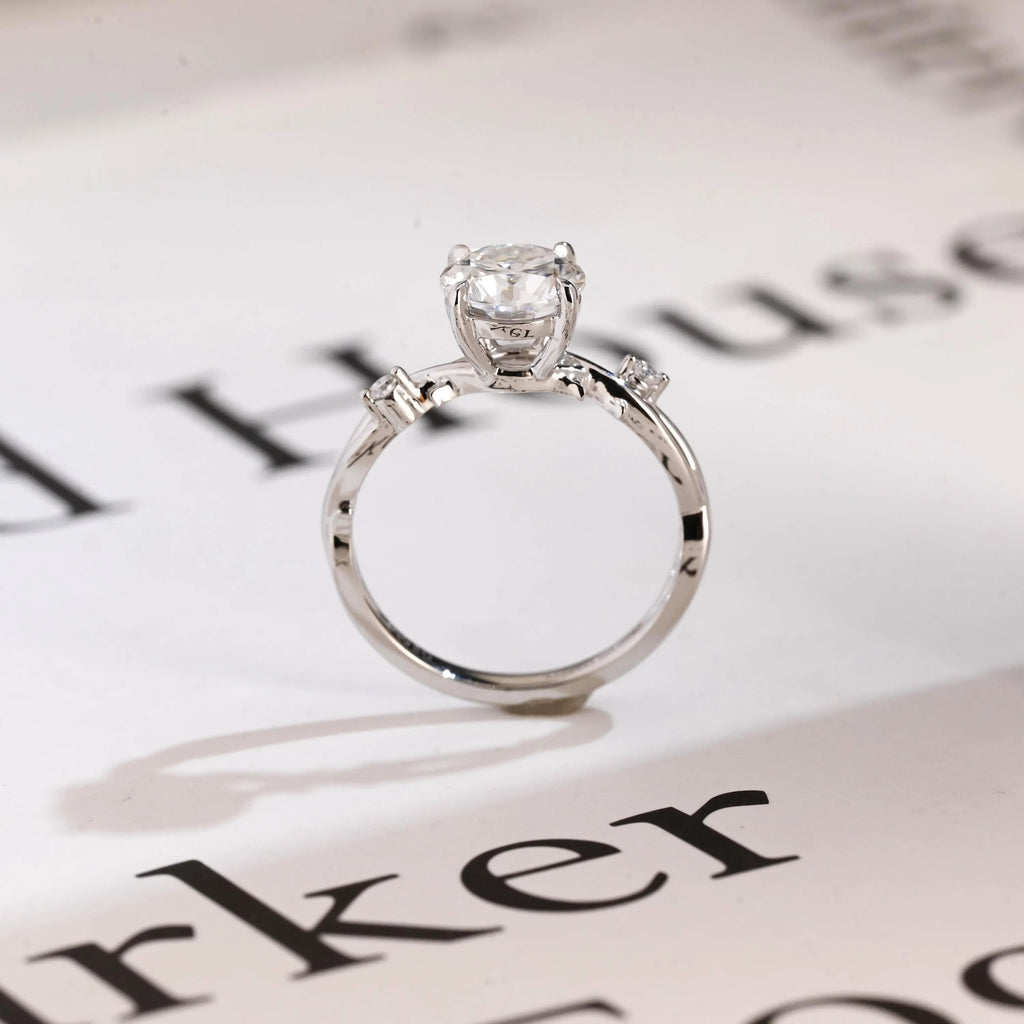 Solid Gold Round Cut Moissanite Engagement Ring, Twisted Band Ring
