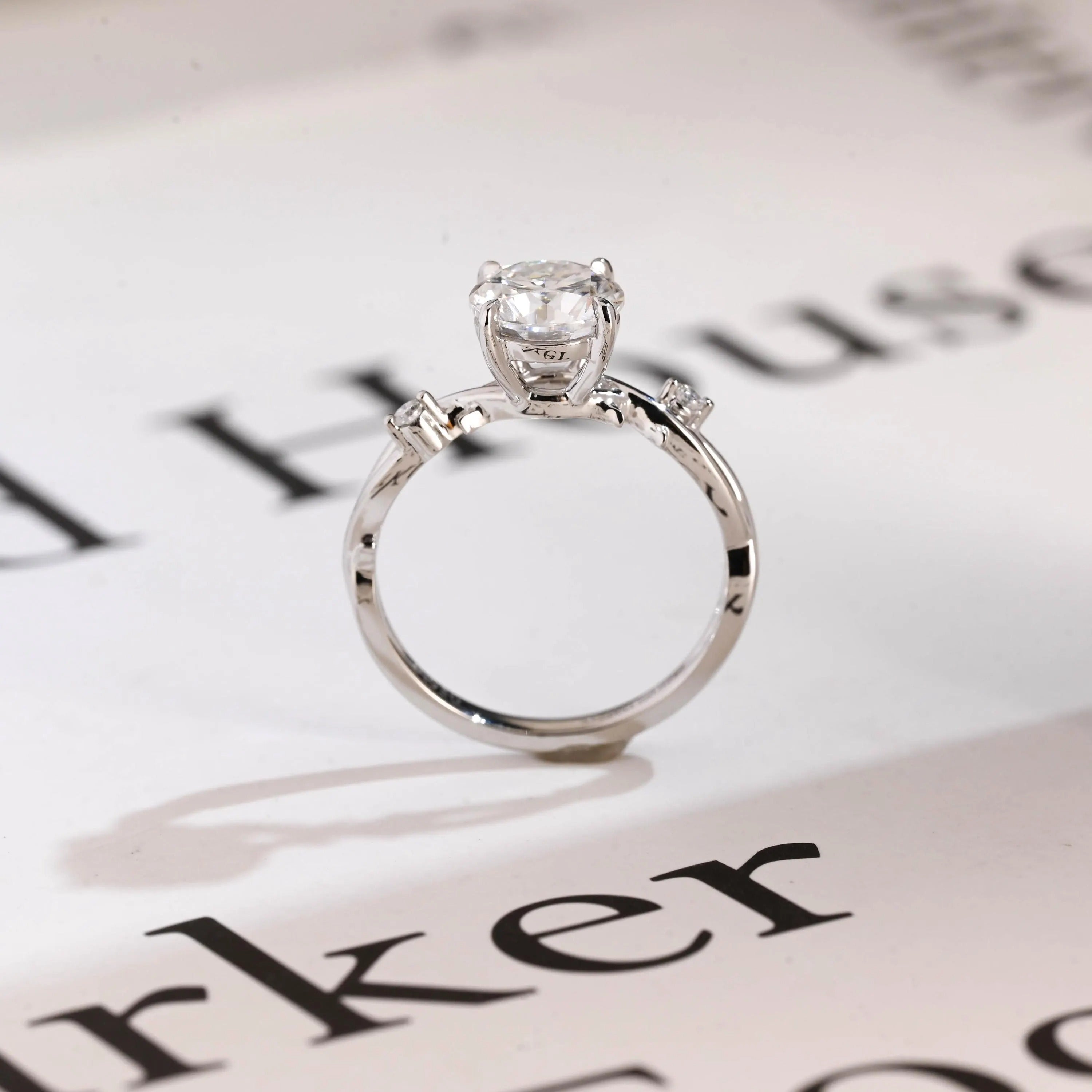 Solid Gold Round Cut Moissanite Engagement Ring, Twisted Band Ring