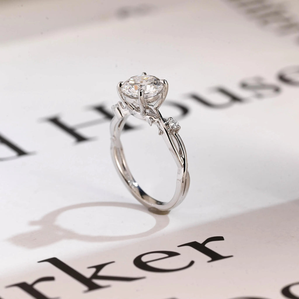 Solid Gold Round Cut Moissanite Engagement Ring, Twisted Band Ring