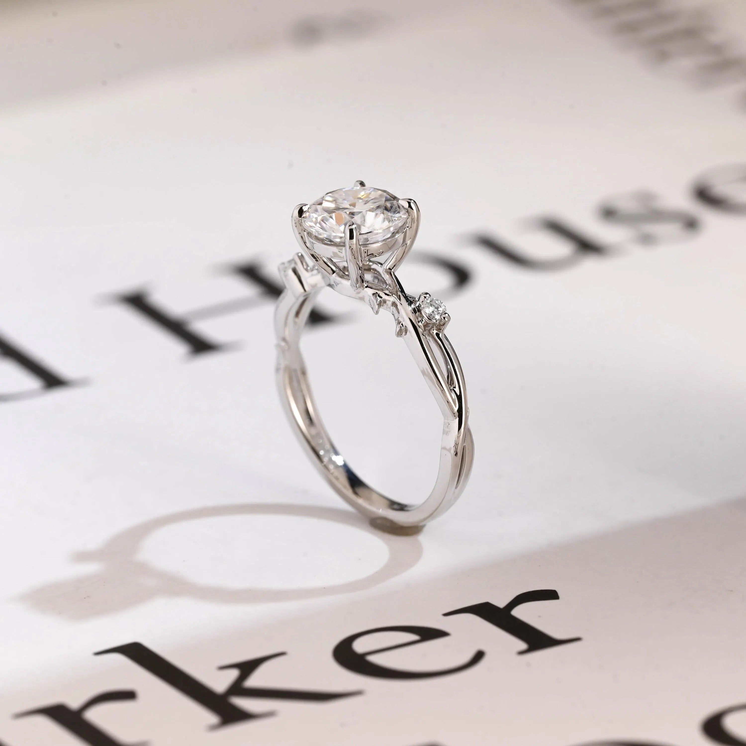 Solid Gold Round Cut Moissanite Engagement Ring, Twisted Band Ring