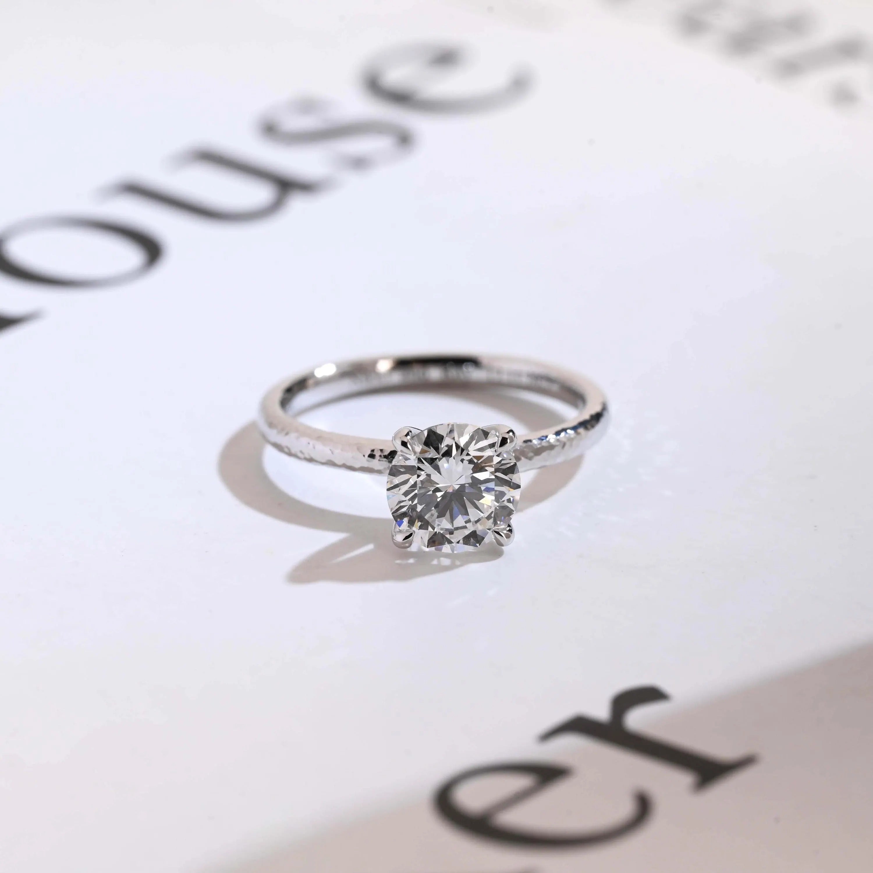 Solitaire Round Diamond Engagement Ring, Solid Gold Hammered Promise Ring, Birthday Gift for Women Main image
