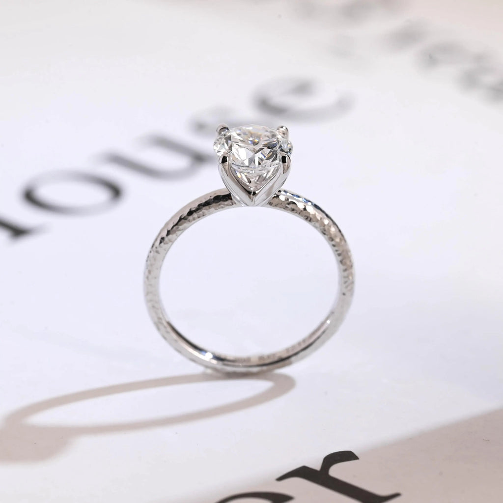 Solitaire Round Diamond Engagement Ring, Solid Gold Hammered Promise Ring, Birthday Gift for Women