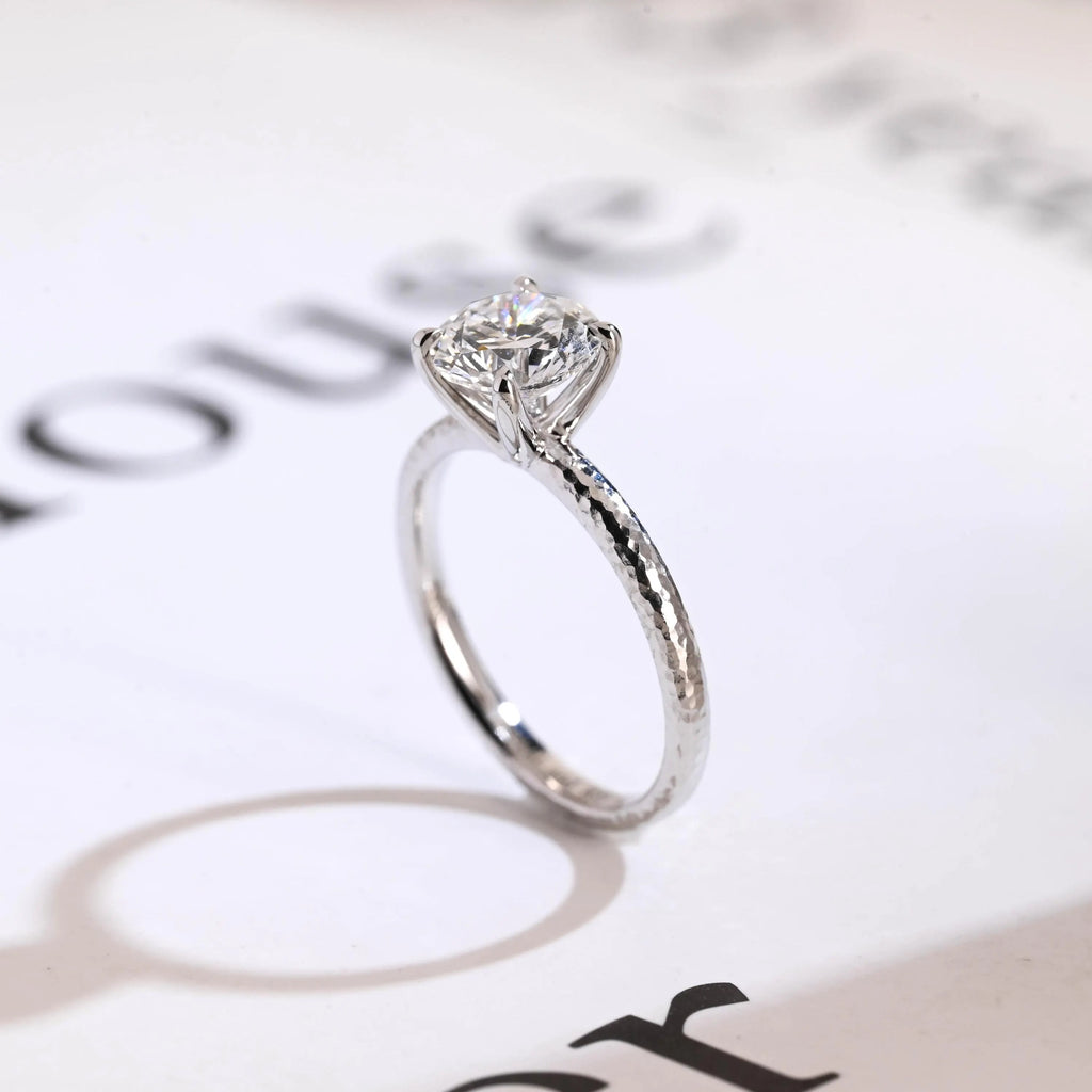 Solitaire Round Diamond Engagement Ring, Solid Gold Hammered Promise Ring, Birthday Gift for Women