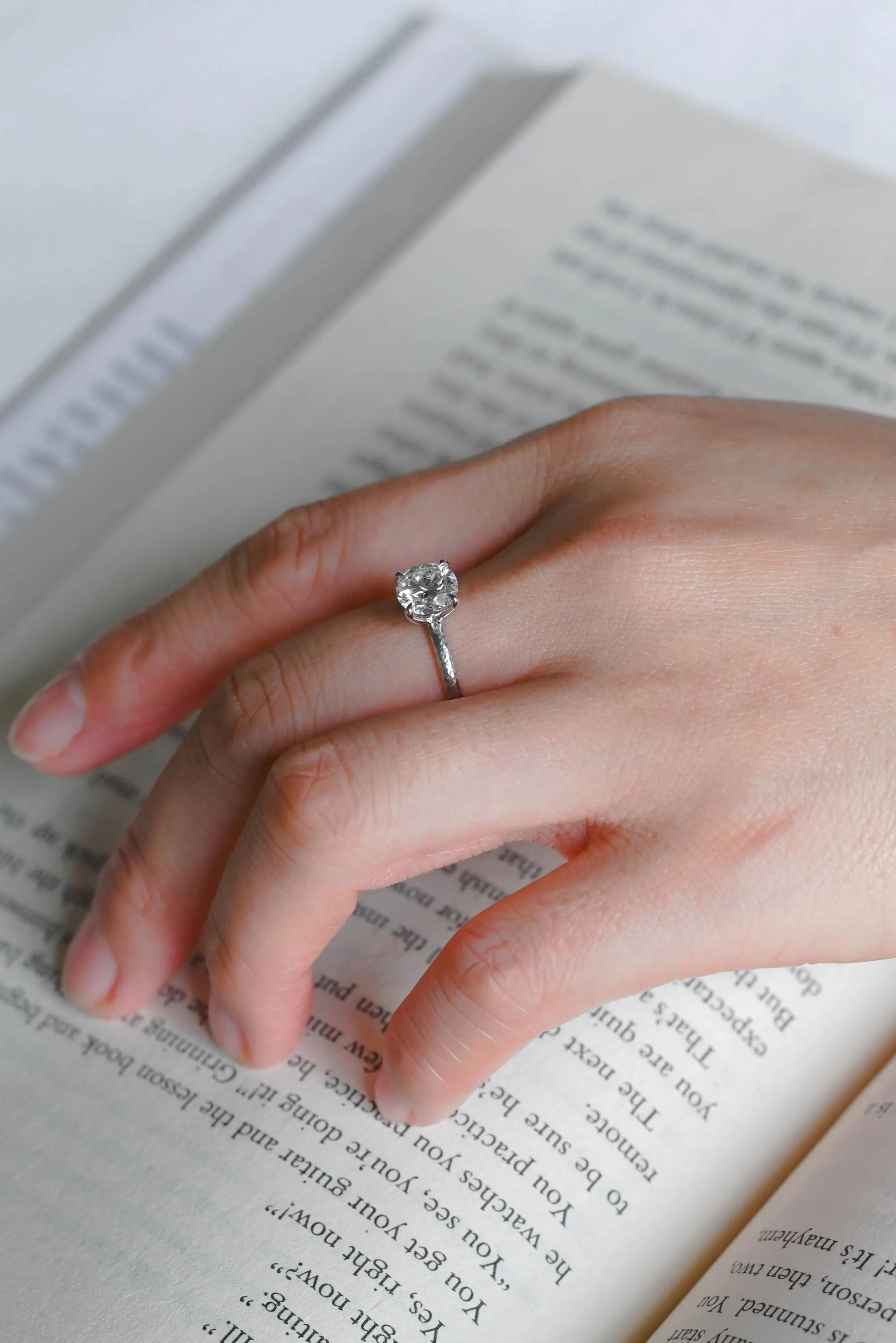 Solitaire Round Diamond Engagement Ring, Solid Gold Hammered Promise Ring, Birthday Gift for Women