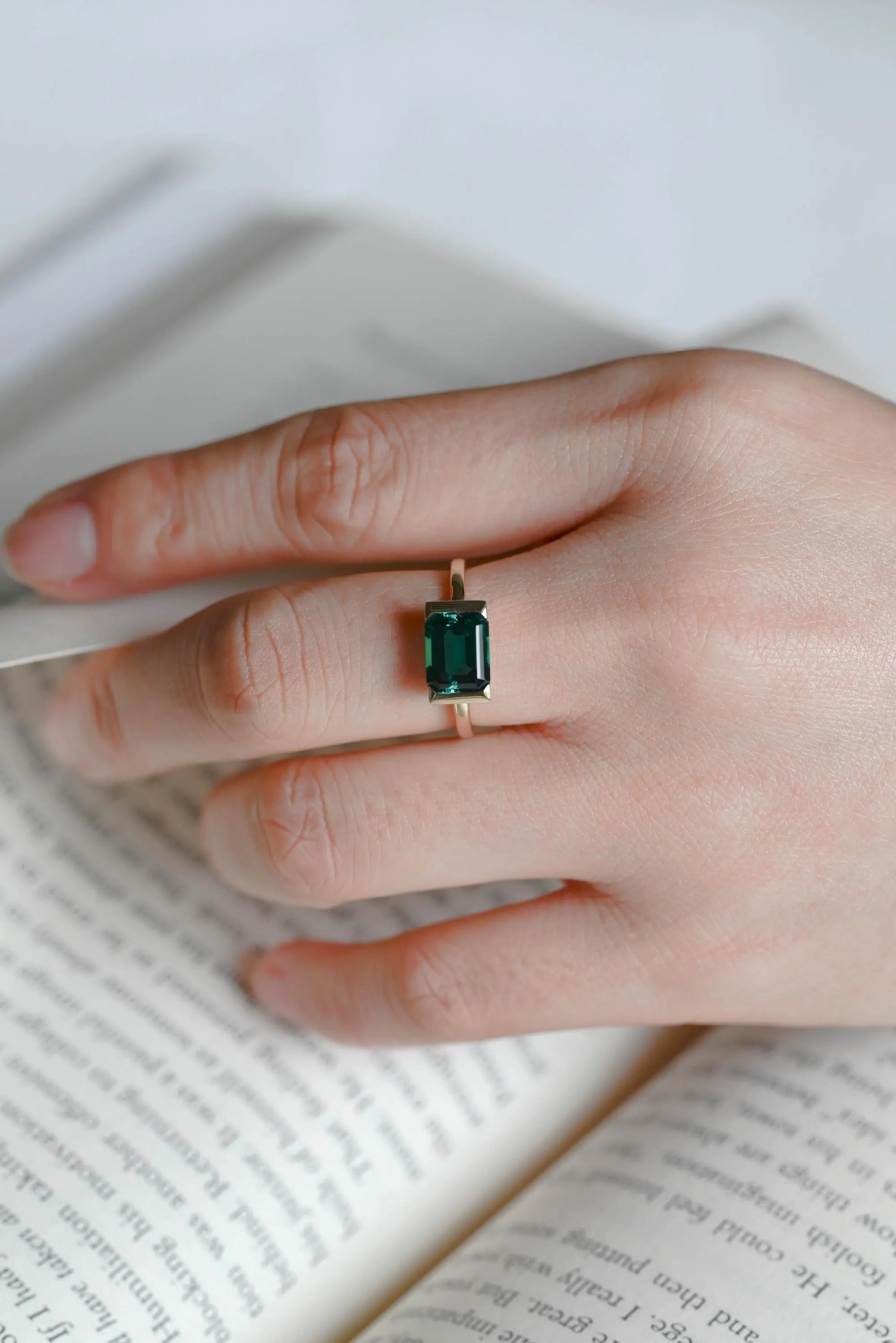 Solid Gold Lab Grown Emerald Engagement Ring, Anniversary Gift for Her