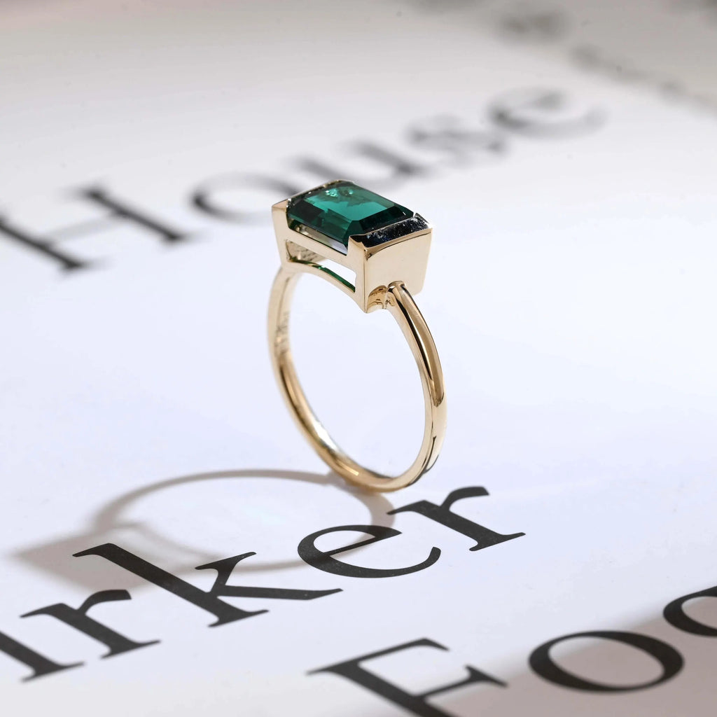 Solid Gold Lab Grown Emerald Engagement Ring, Anniversary Gift for Her
