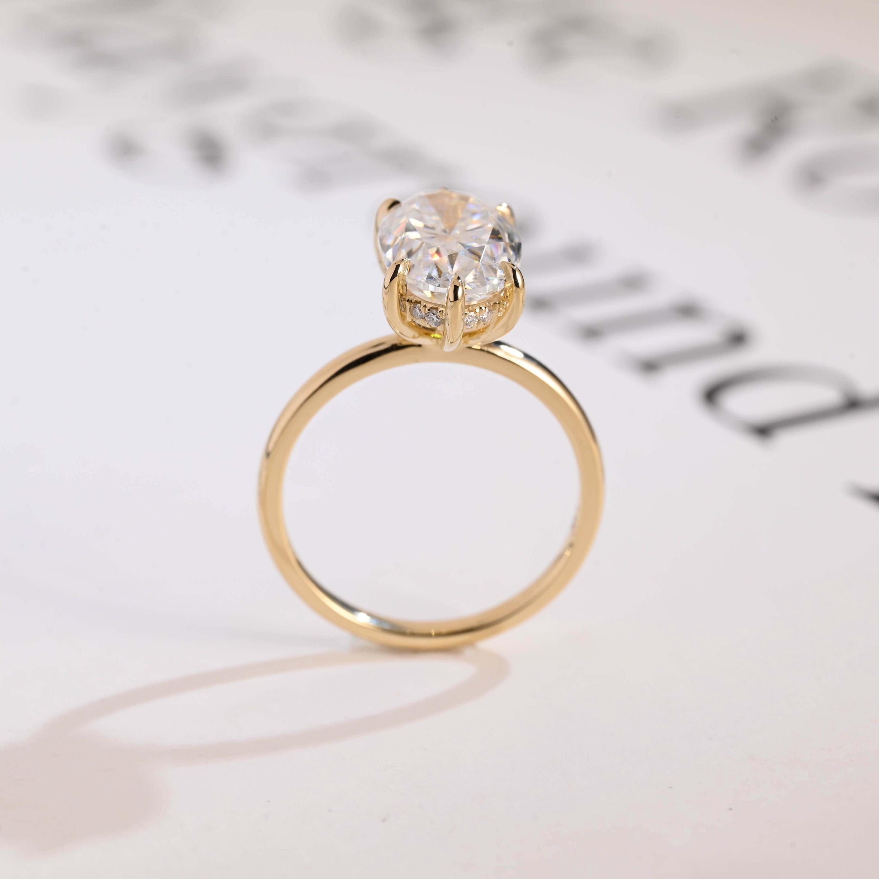 Solid Gold Oval Cut Moissanite Engagement Ring with Hidden Halo, Anniversary Gift for Her