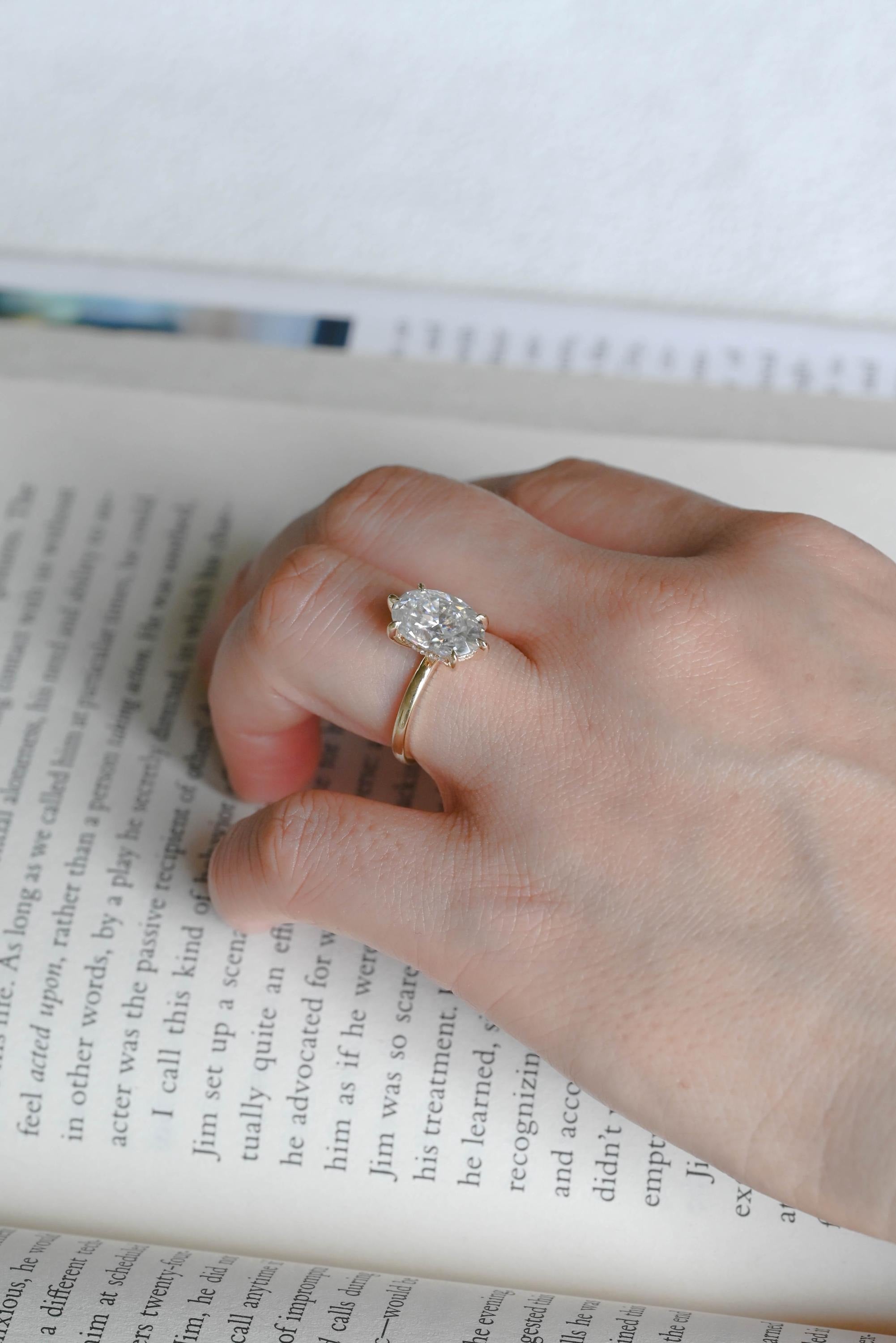 Solid Gold Oval Cut Moissanite Engagement Ring with Hidden Halo, Anniversary Gift for Her