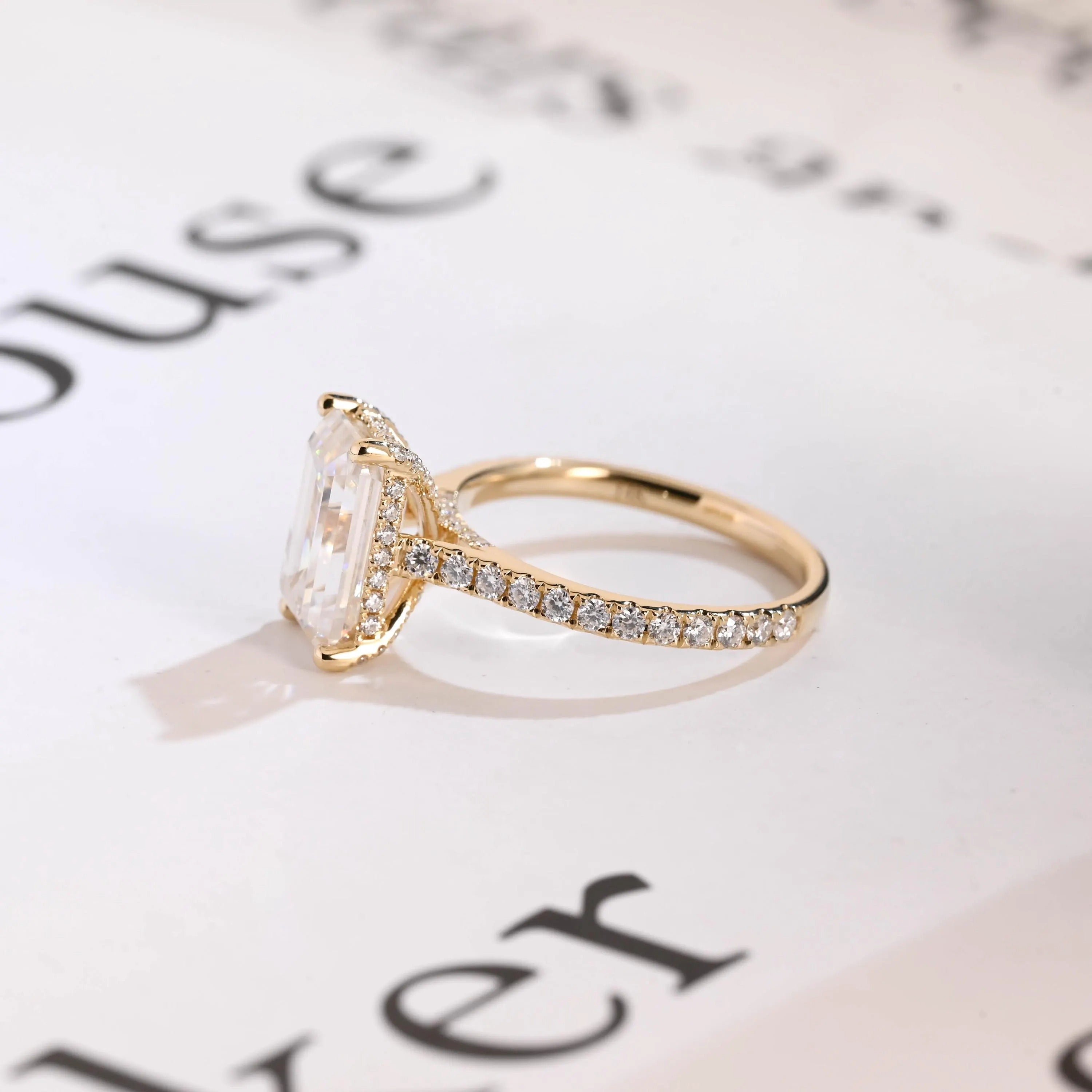 Solid Gold Emerald Cut Moissanite Engagement Ring, Anniversary Gift