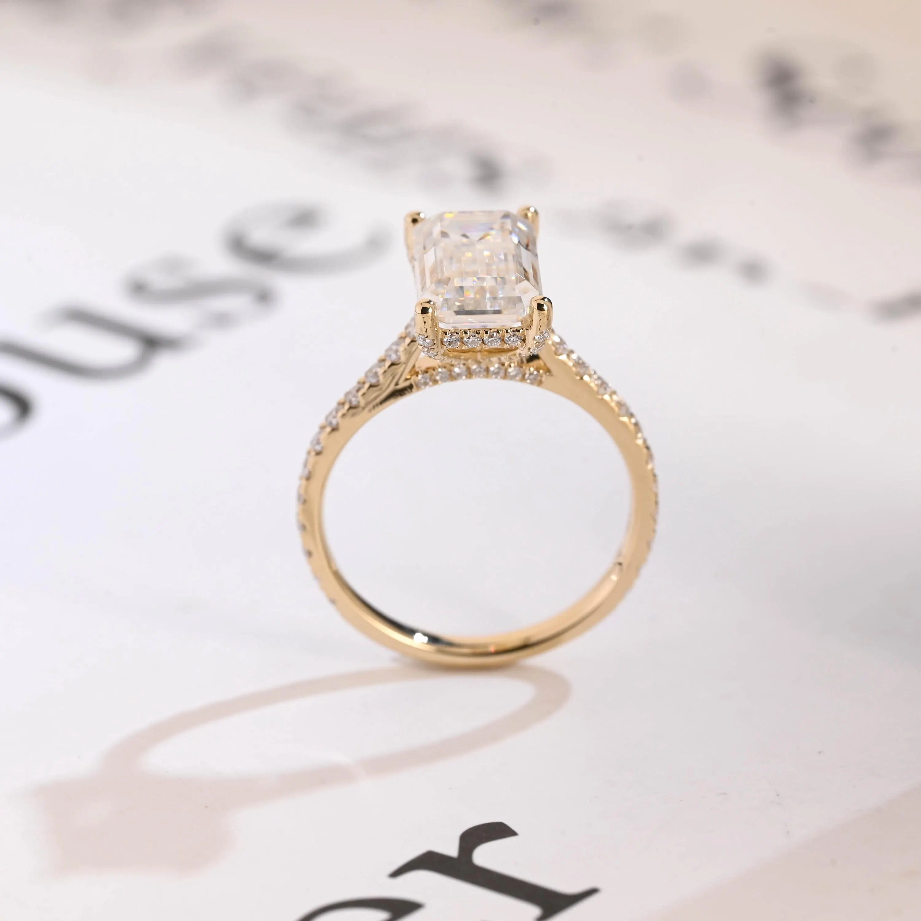 Solid Gold Emerald Cut Moissanite Engagement Ring, Anniversary Gift