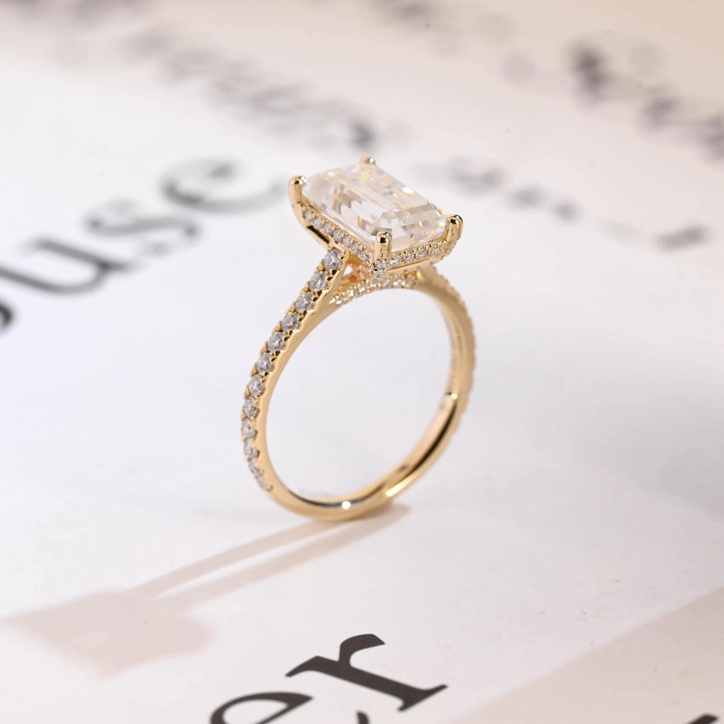 Solid Gold Emerald Cut Moissanite Engagement Ring, Anniversary Gift