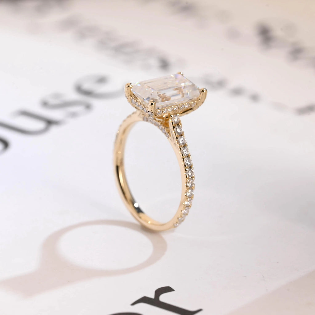 Solid Gold Emerald Cut Moissanite Engagement Ring, Anniversary Gift