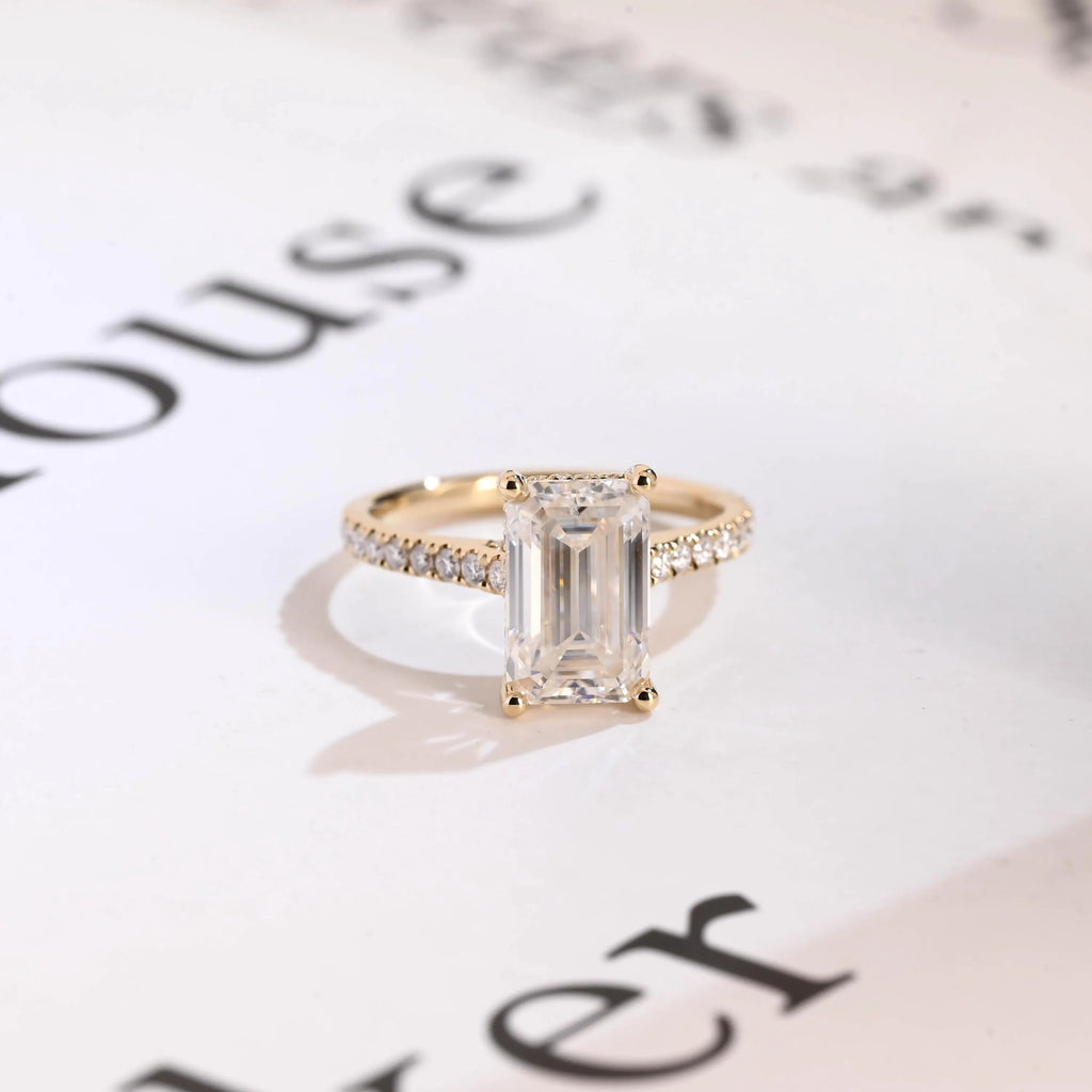 Solid Gold Emerald Cut Moissanite Engagement Ring, Anniversary Gift