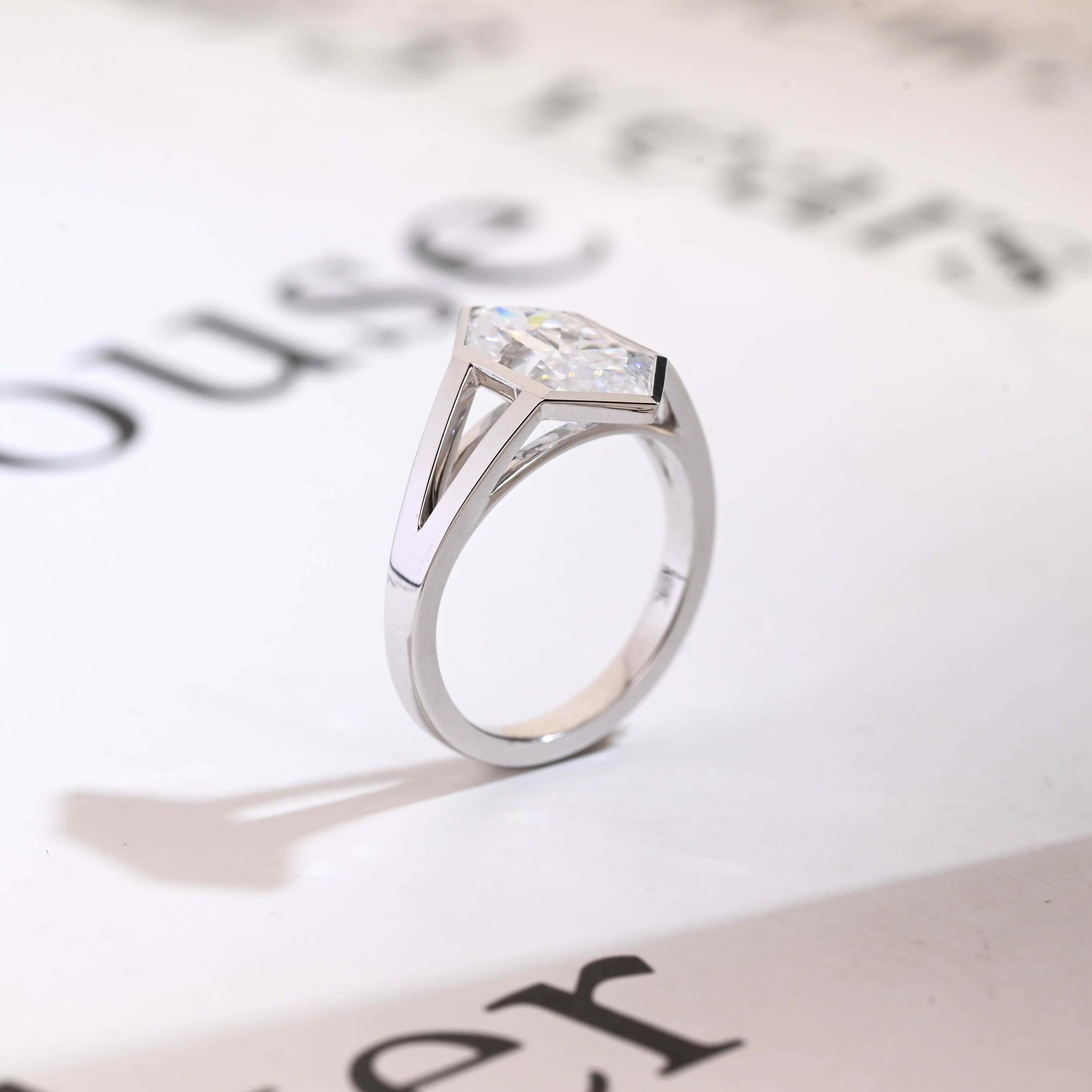 Solid Gold Hexagon Cut Moissanite Engagement Ring, Promise Ring
