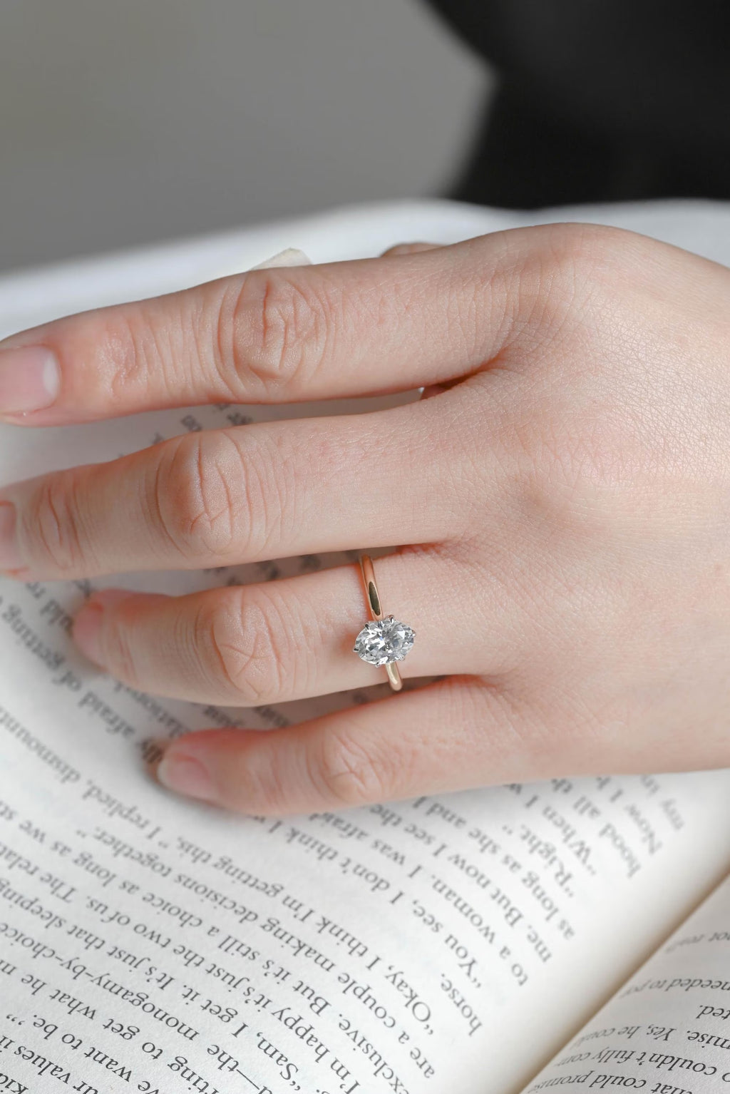 Solid Gold Two Tone Tulip Flower Oval Moissanite Engagement Ring, Dainty Ring