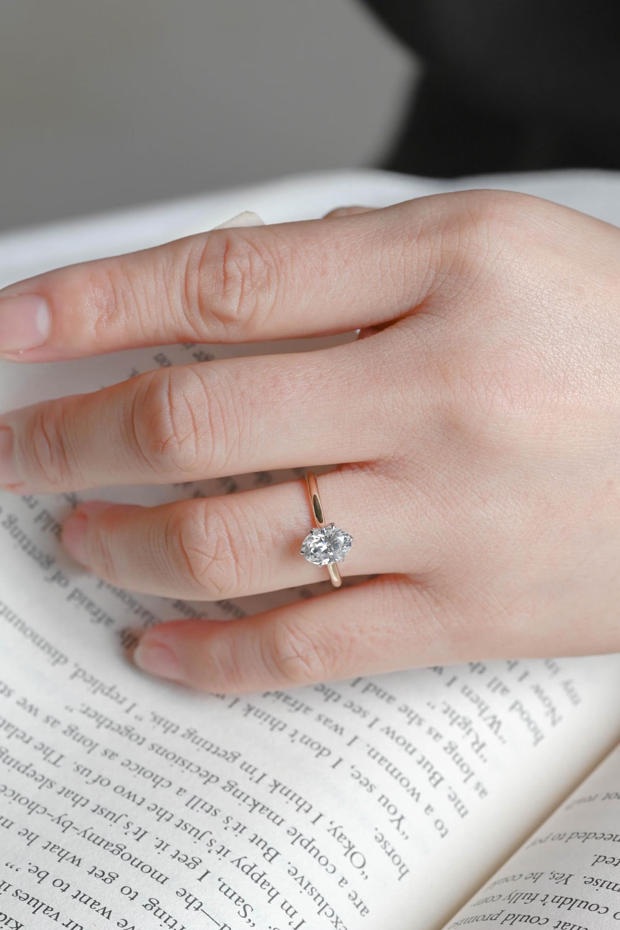 Solid Gold Two Tone Tulip Flower Oval Moissanite Engagement Ring, Dainty Ring