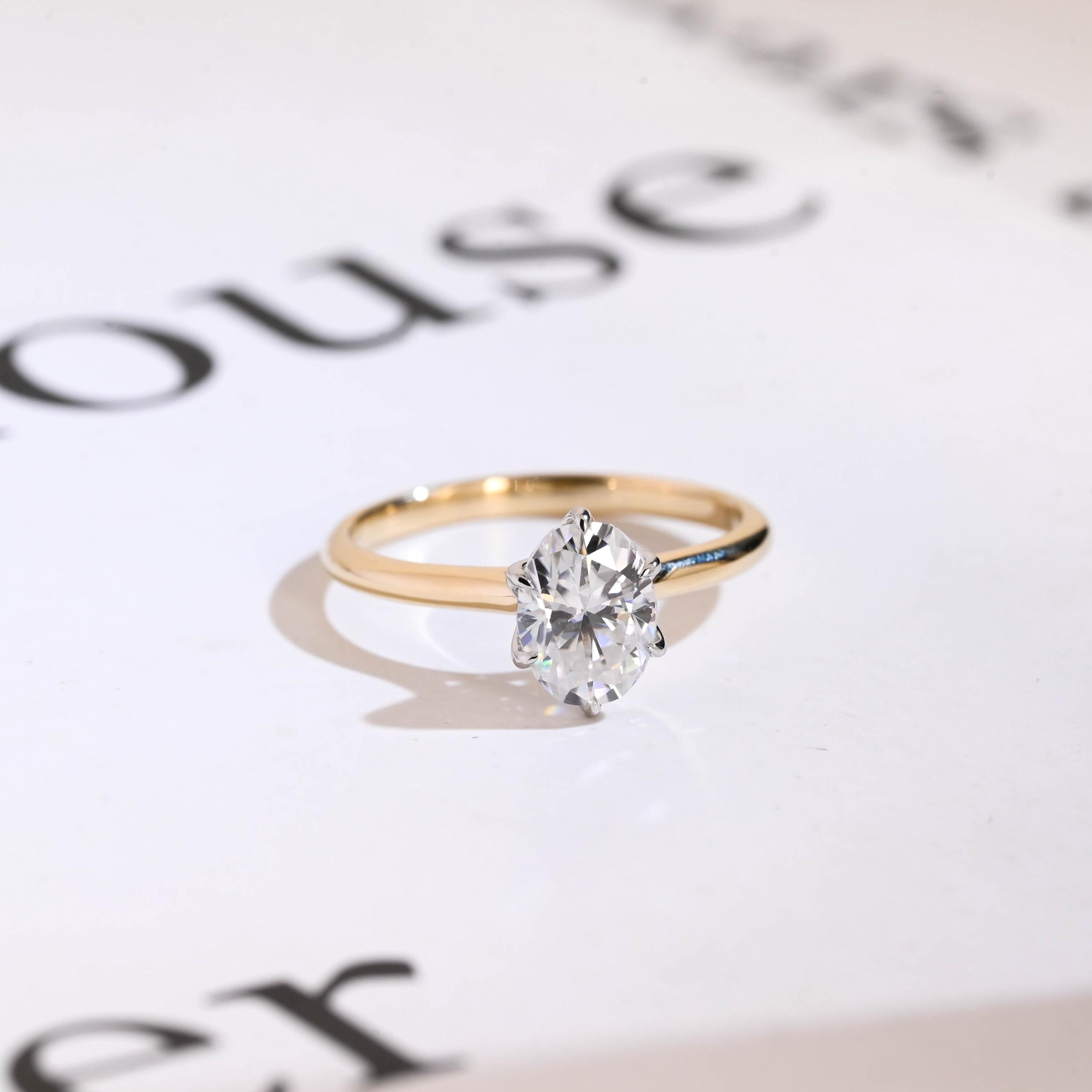 Solid Gold Two Tone Tulip Flower Oval Moissanite Engagement Ring, Dainty Ring Main image