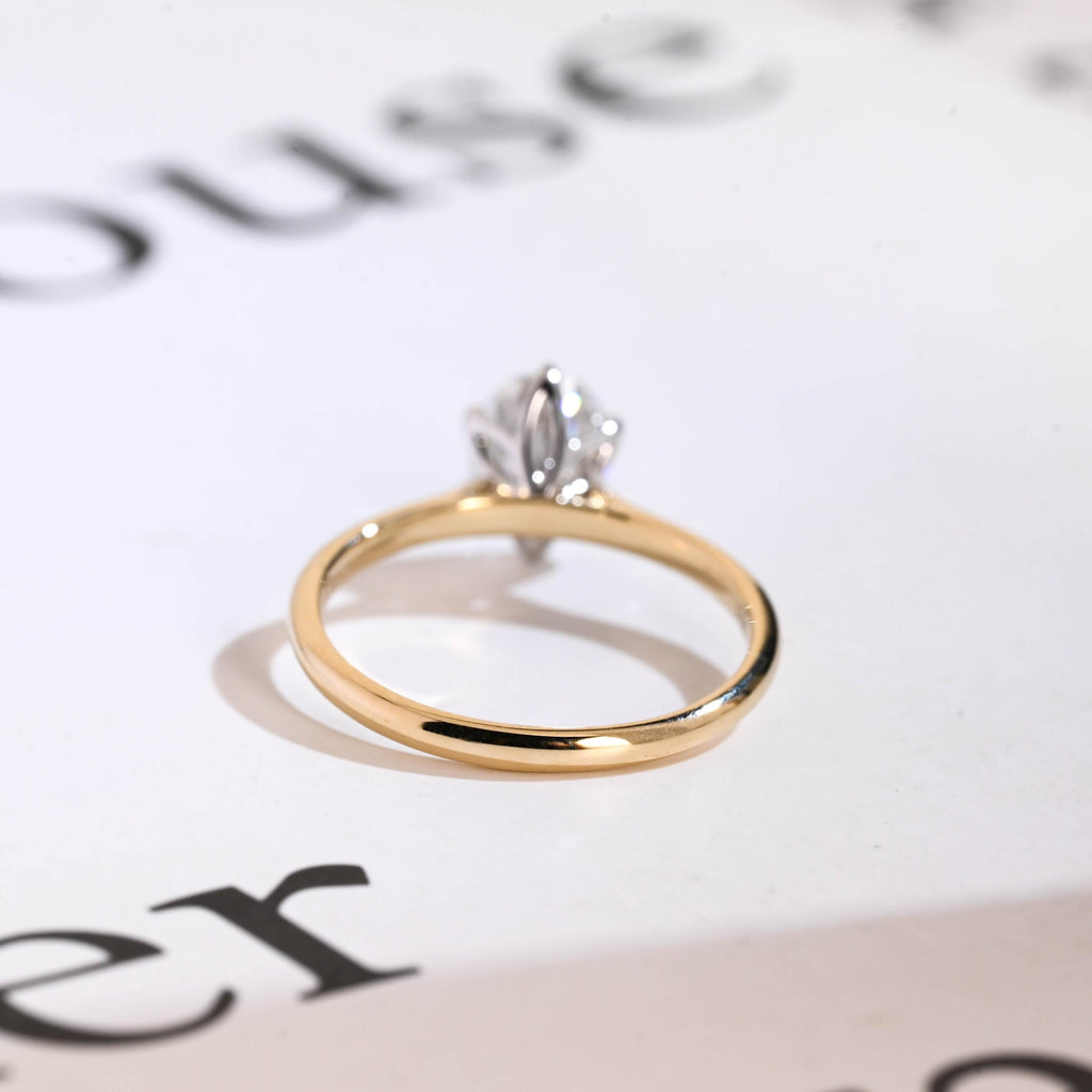 Solid Gold Two Tone Tulip Flower Oval Moissanite Engagement Ring, Dainty Ring