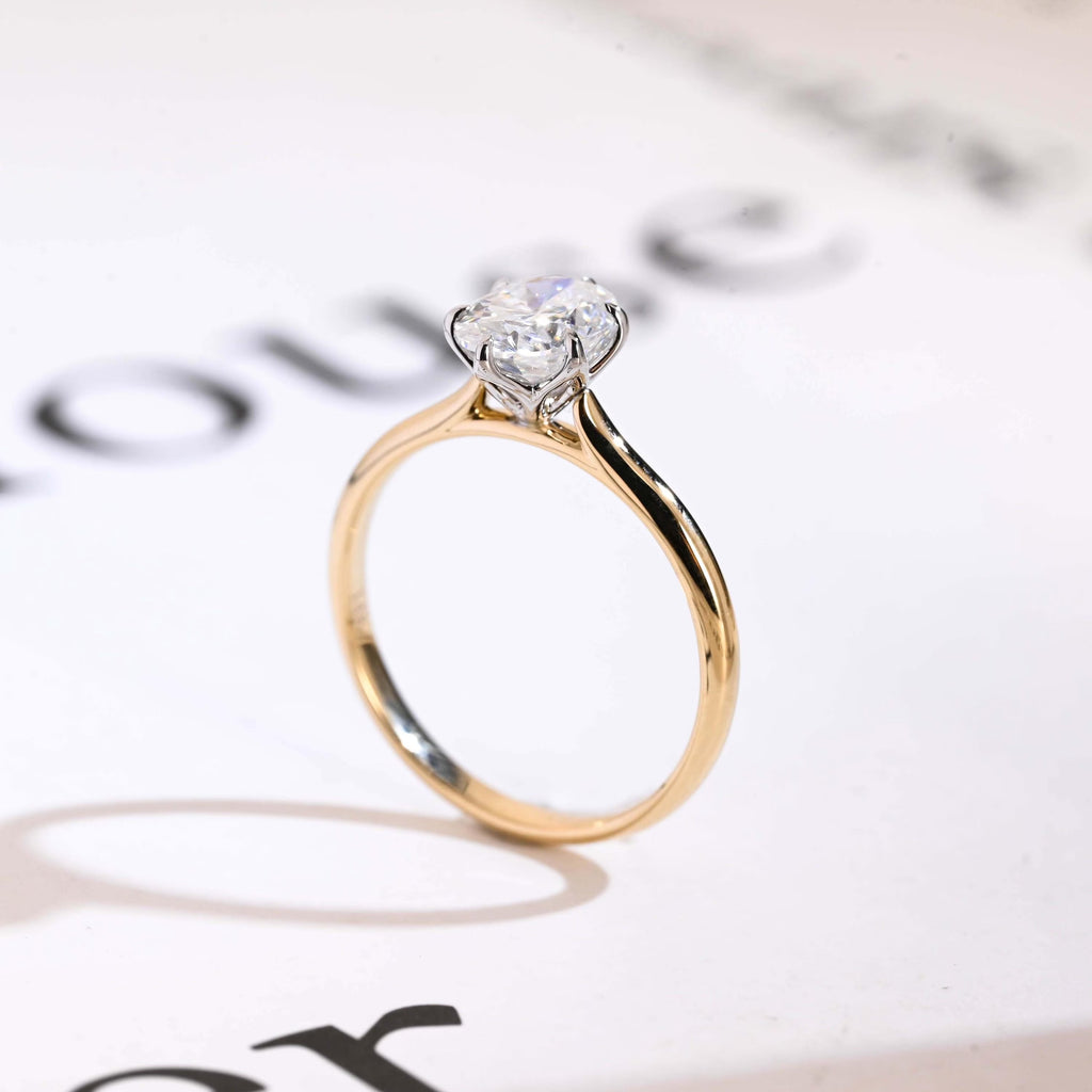Solid Gold Two Tone Tulip Flower Oval Moissanite Engagement Ring, Dainty Ring