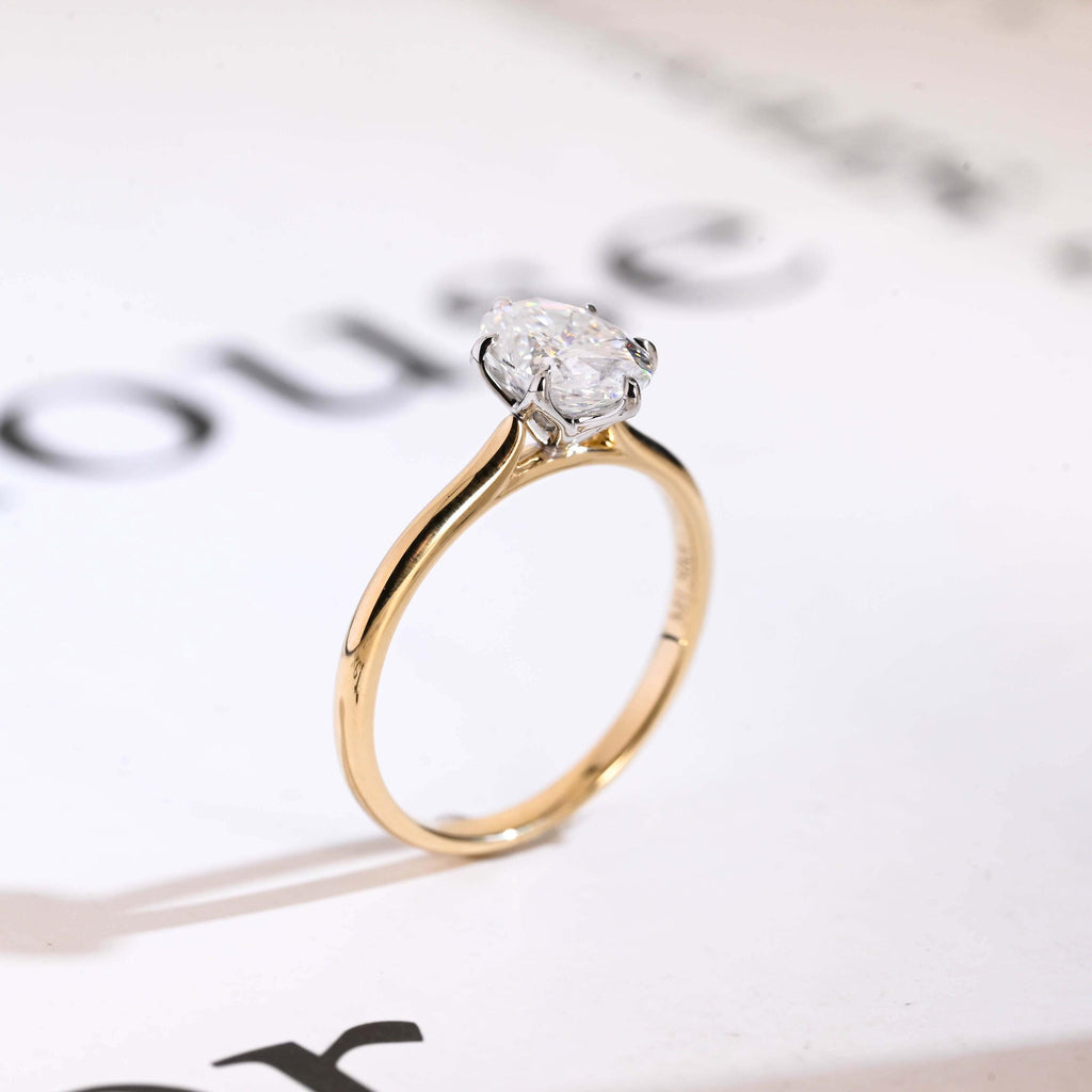Solid Gold Two Tone Tulip Flower Oval Moissanite Engagement Ring, Dainty Ring