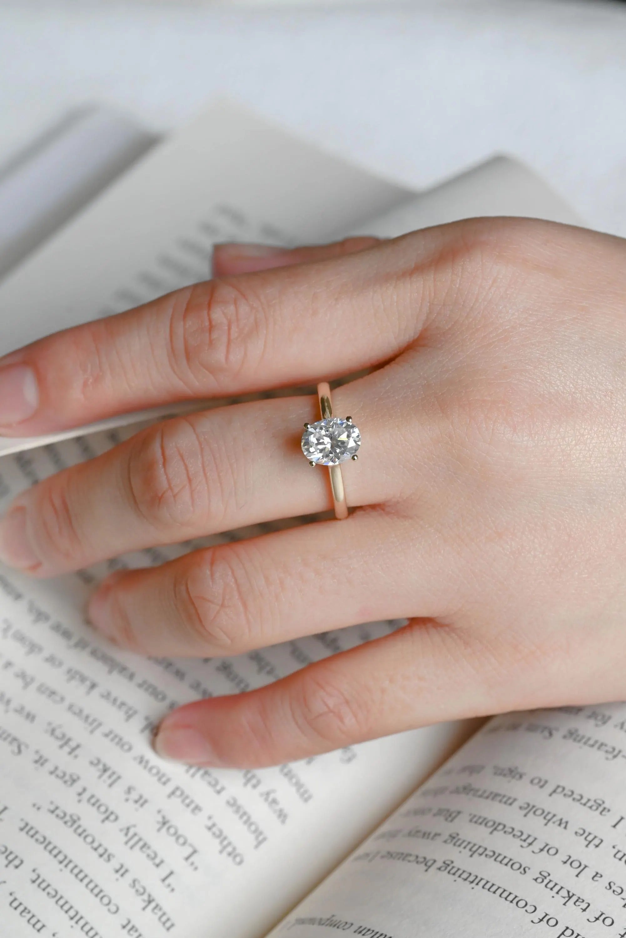 Solid Gold Oval Cut Moissanite Engagement Ring, Cathedral Setting