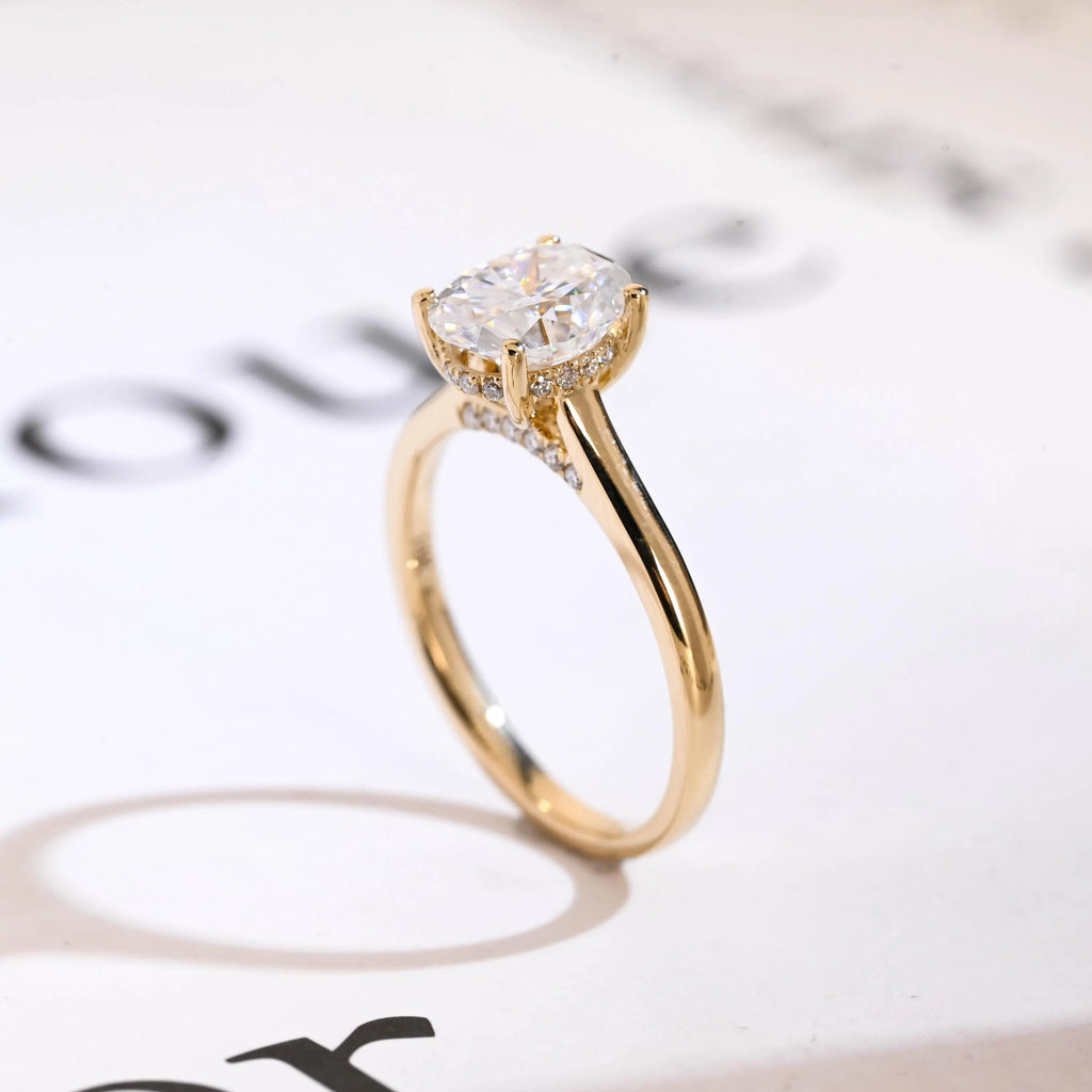 Solid Gold Oval Cut Moissanite Engagement Ring, Cathedral Setting