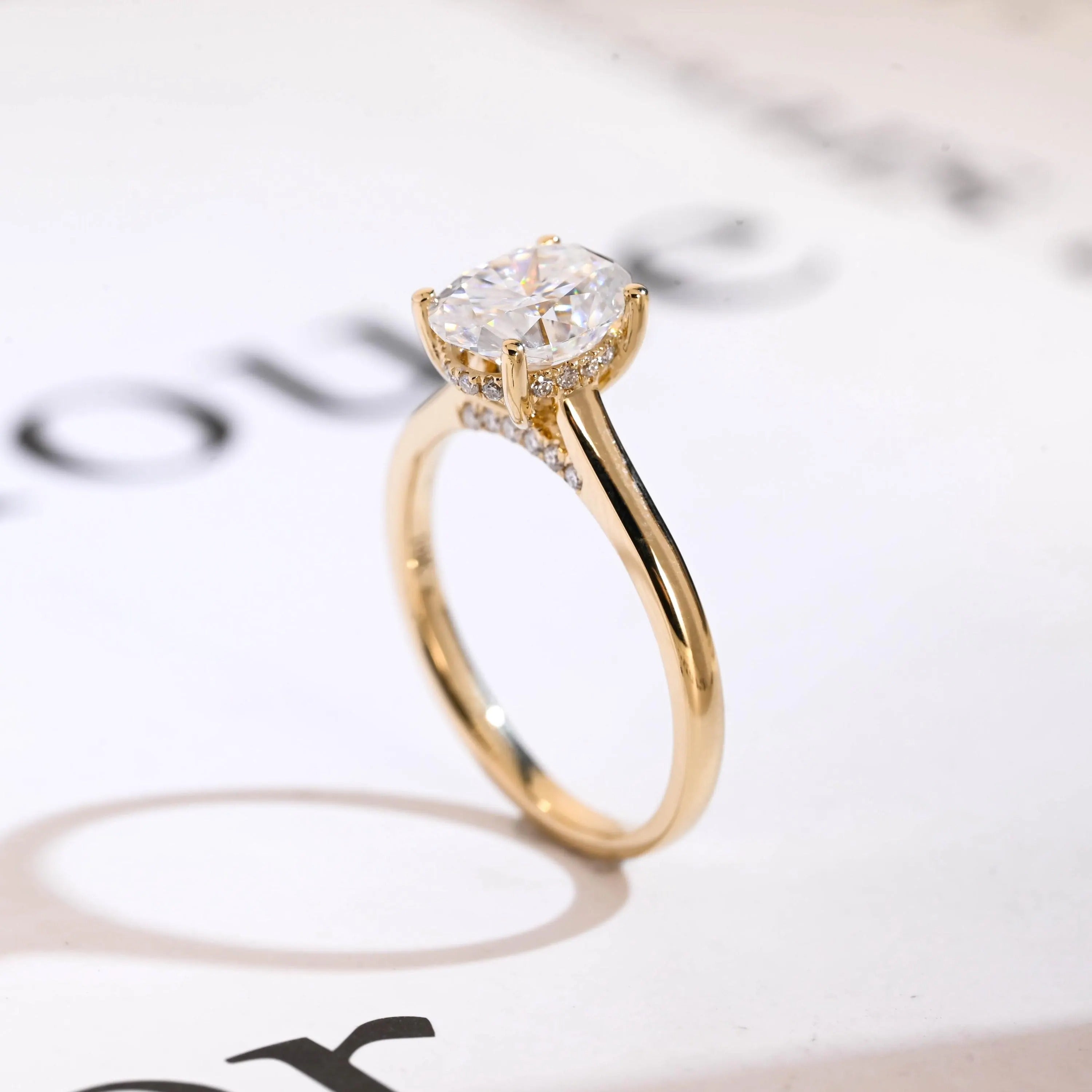 Solid Gold Oval Cut Moissanite Engagement Ring, Cathedral Setting
