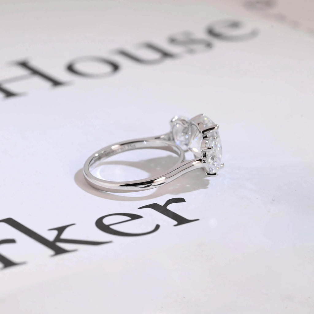 Solid Gold Oval Cut Moissanite Engagement Ring, Three Stone Ring
