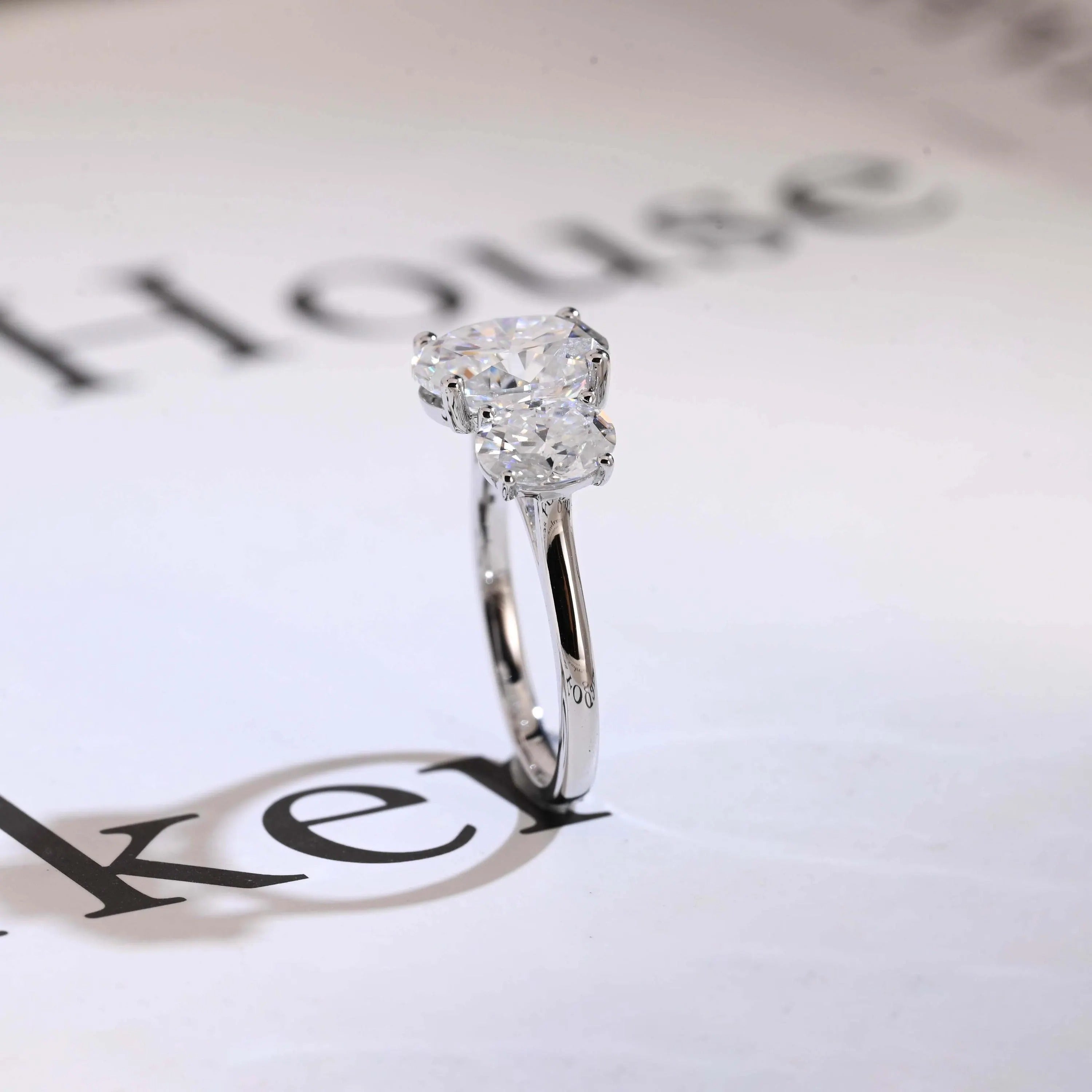 Solid Gold Oval Cut Moissanite Engagement Ring, Three Stone Ring