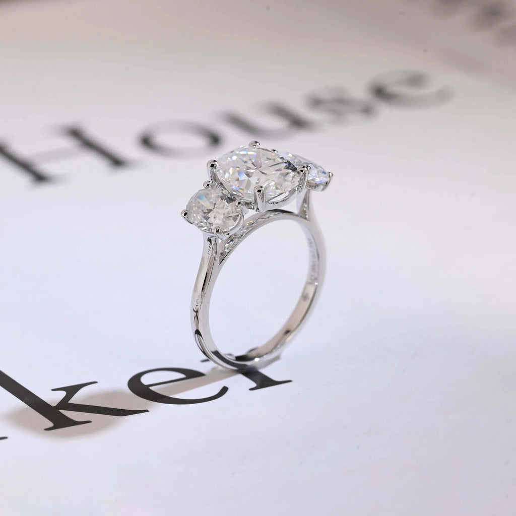 Solid Gold Oval Cut Moissanite Engagement Ring, Three Stone Ring