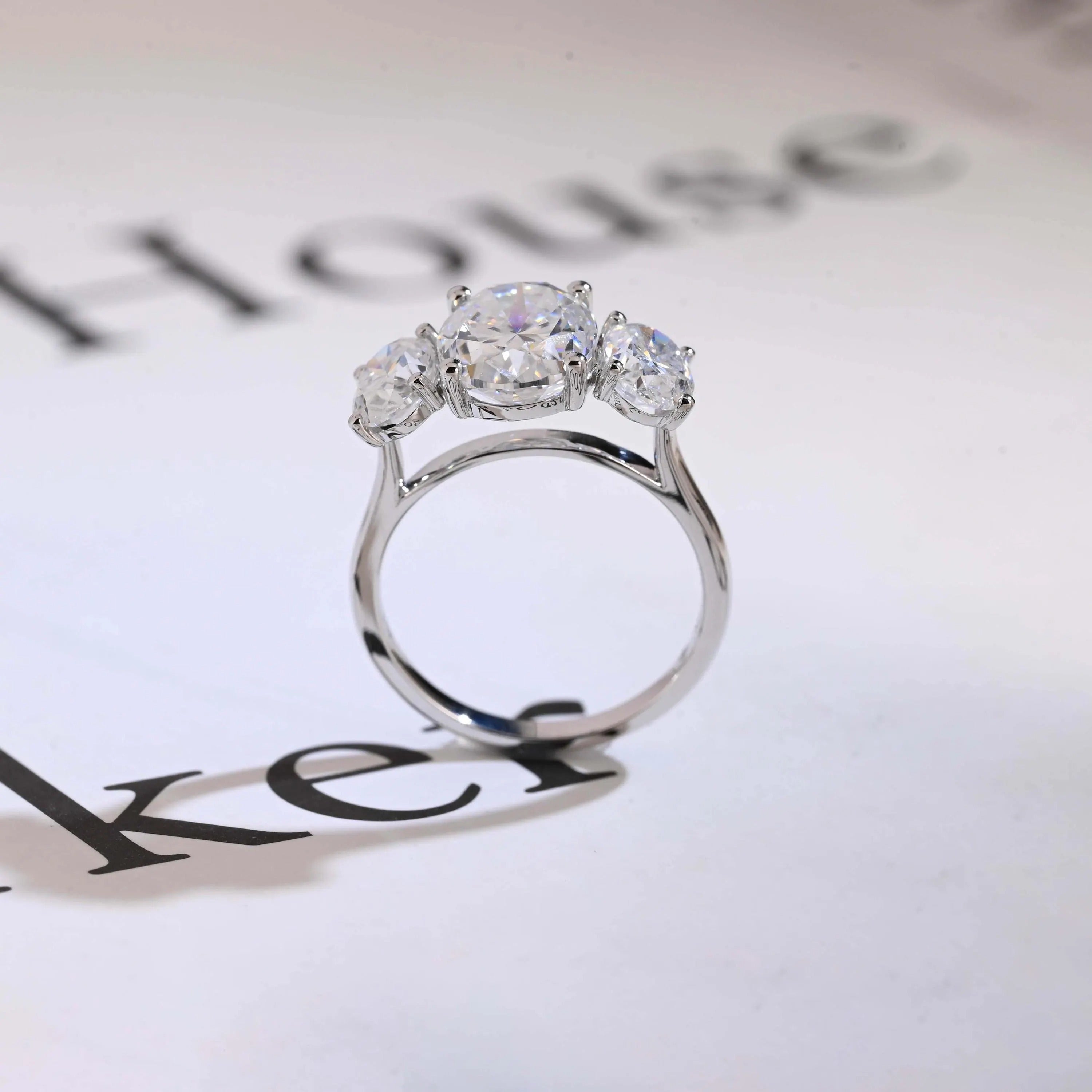 Solid Gold Oval Cut Moissanite Engagement Ring, Three Stone Ring