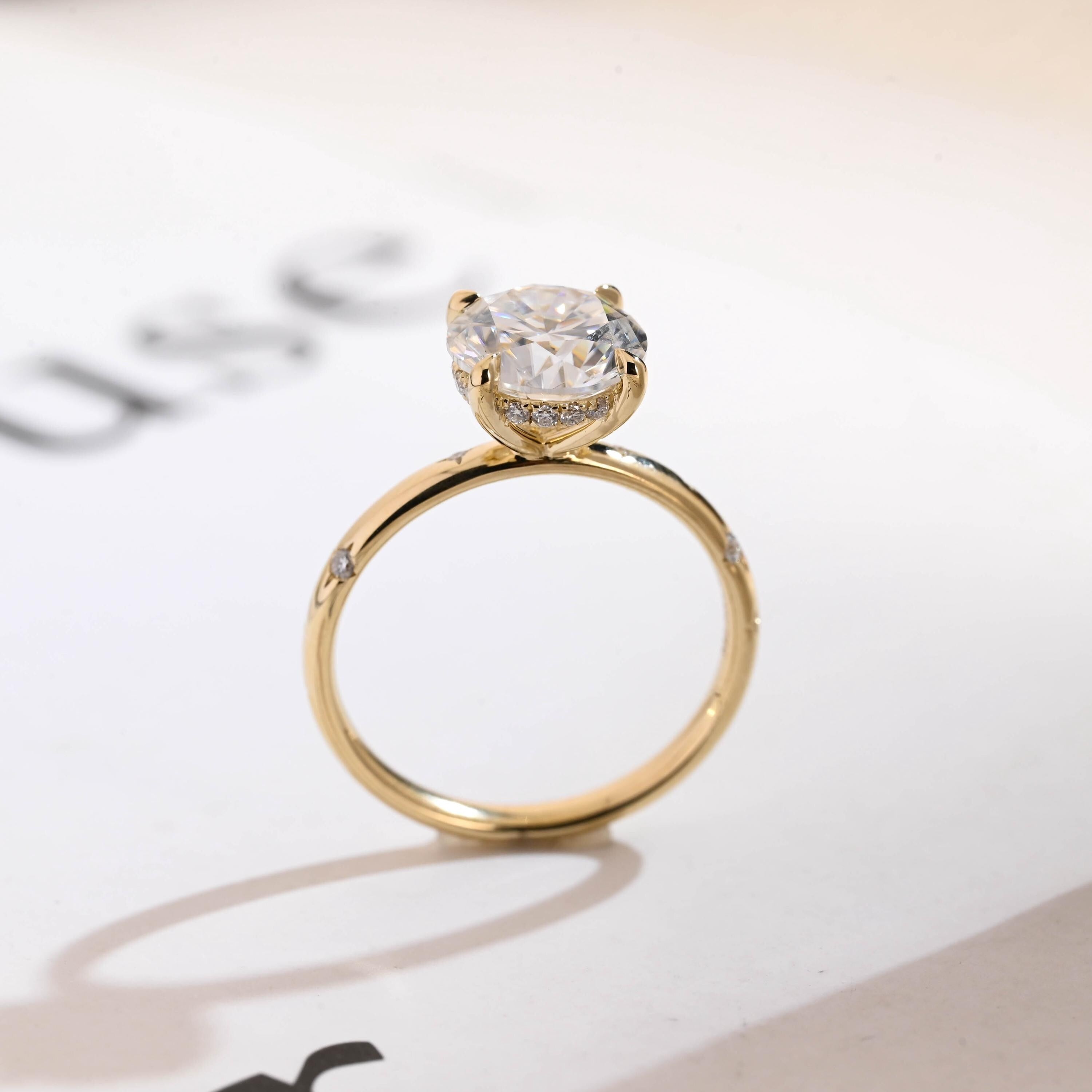 Solid Gold Round Cut Moissanite Engagement Ring, Star Engraved Ring, Anniversary Gift for Her