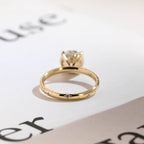 Solid Gold Round Cut Moissanite Engagement Ring, Star Engraved Ring, Anniversary Gift for Her