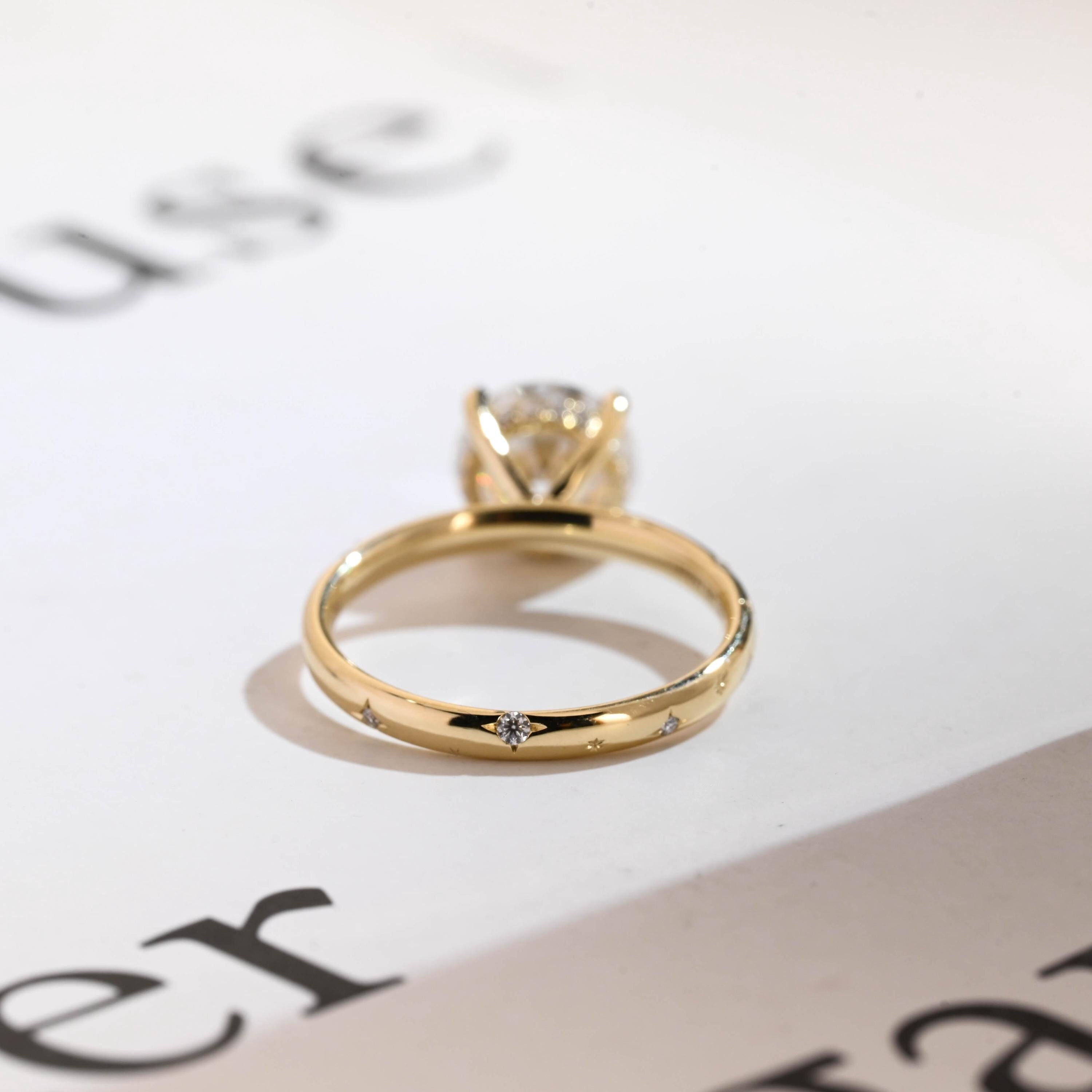 Solid Gold Round Cut Moissanite Engagement Ring, Star Engraved Ring, Anniversary Gift for Her