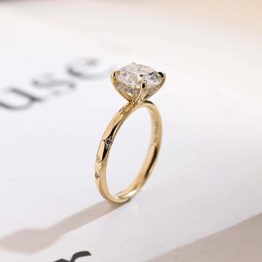Solid Gold Round Cut Moissanite Engagement Ring, Star Engraved Ring, Anniversary Gift for Her