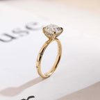 Solid Gold Round Cut Moissanite Engagement Ring, Star Engraved Ring, Anniversary Gift for Her
