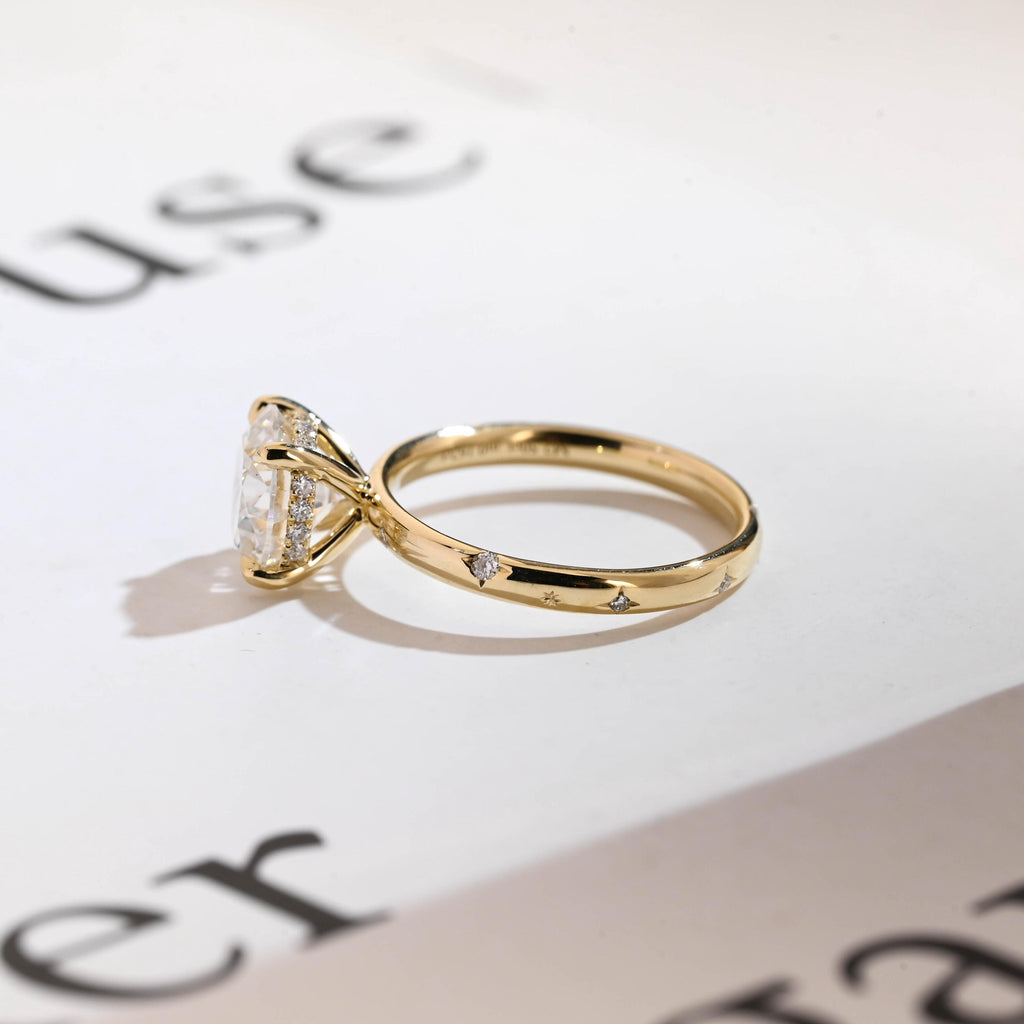 Solid Gold Round Cut Moissanite Engagement Ring, Star Engraved Ring, Anniversary Gift for Her